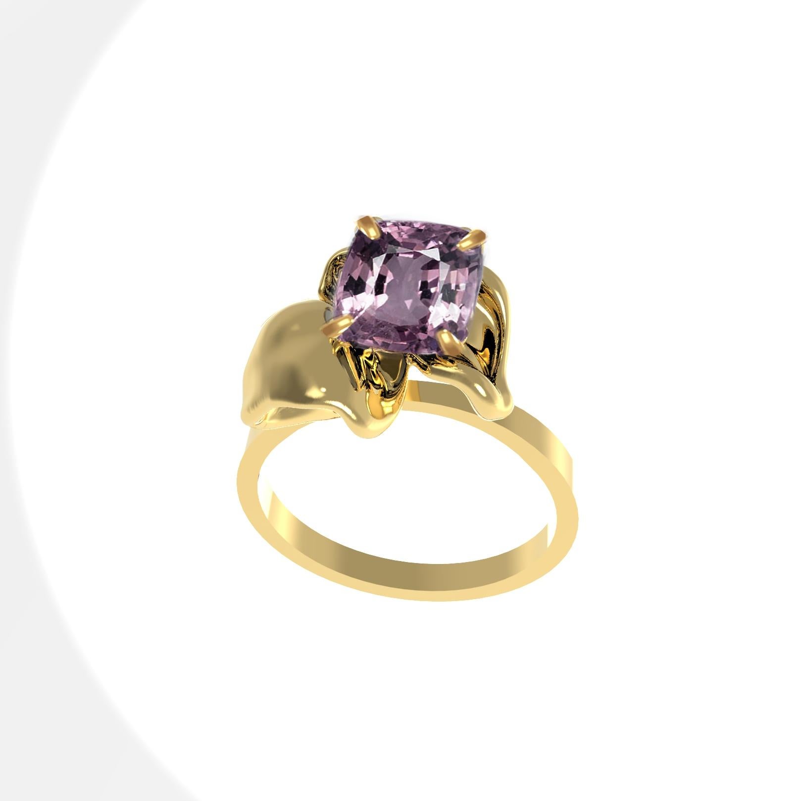 Eighteen Karat Gold Flower Engagement Ring with Purple Cushion Spinel For Sale 7