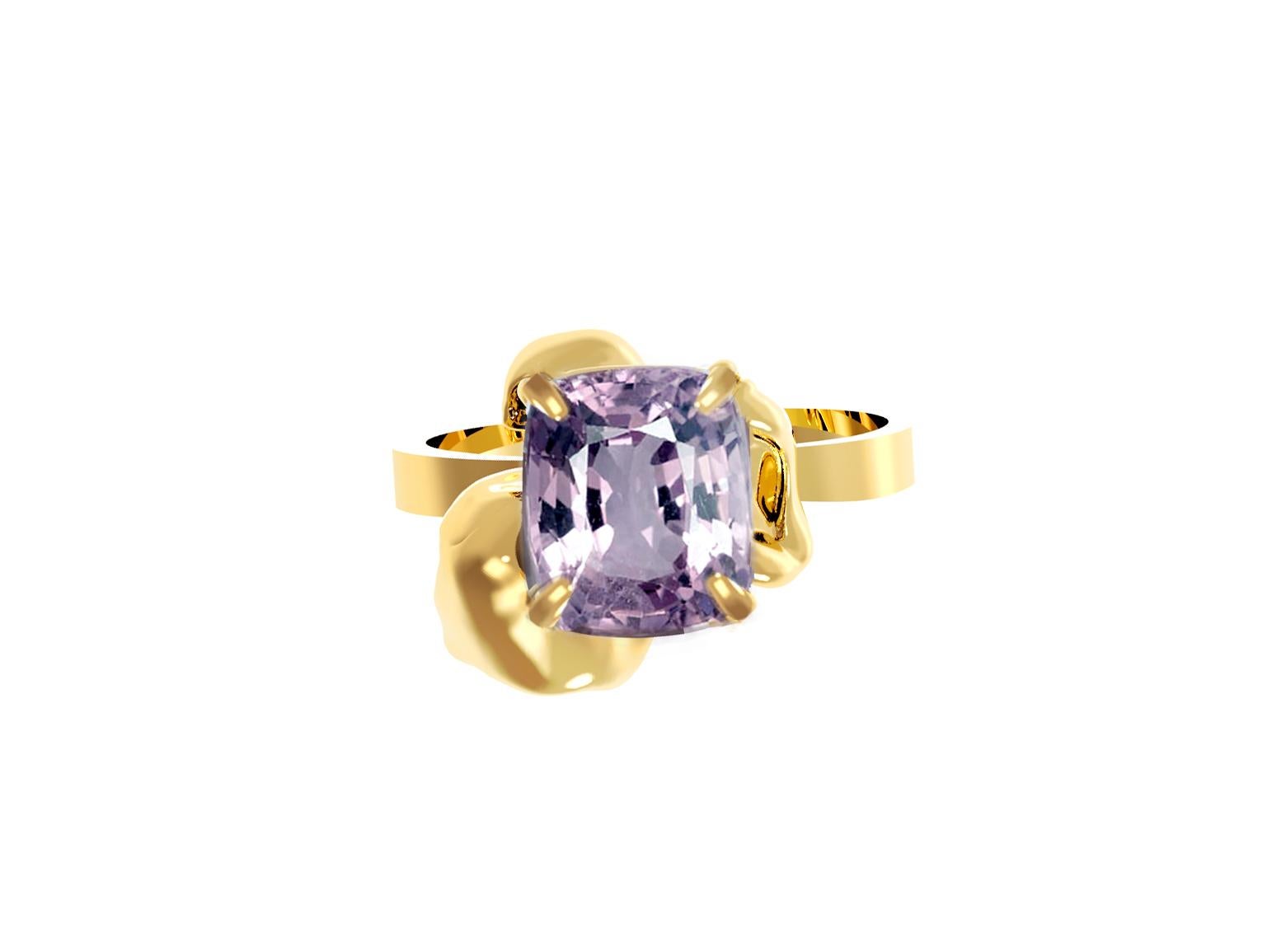 Contemporary Eighteen Karat Gold Flower Engagement Ring with Purple Cushion Spinel For Sale