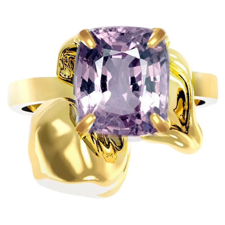 Eighteen Karat Gold Flower Engagement Ring with Purple Cushion Spinel For Sale
