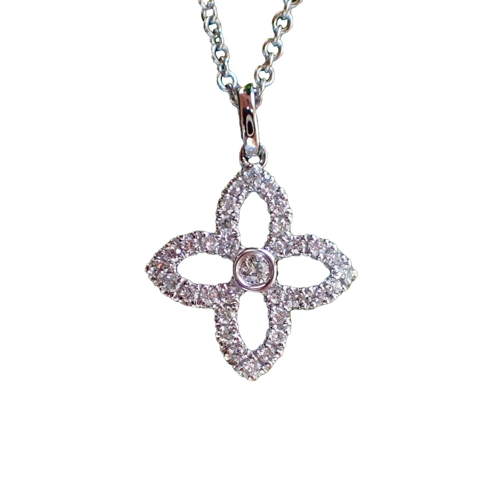 18 Karat Gold Flower Pendant with 0.19 Carat of Diamond Hangs from a Cable Chain For Sale