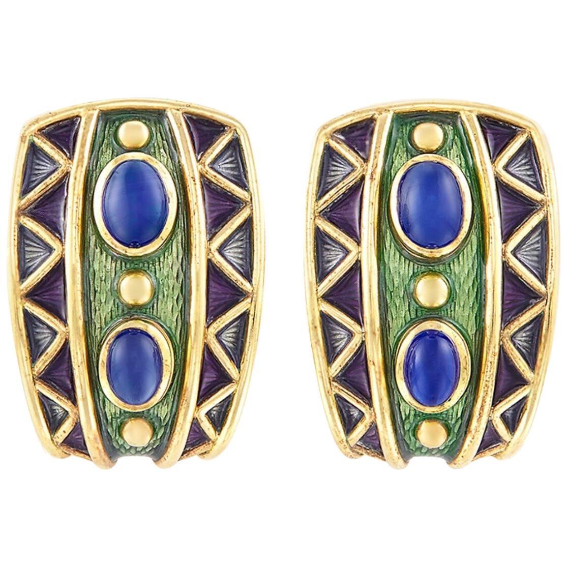 18 Karat Gold, Four Oval Cabochon Sapphire and Enamel Clip-On Earrings