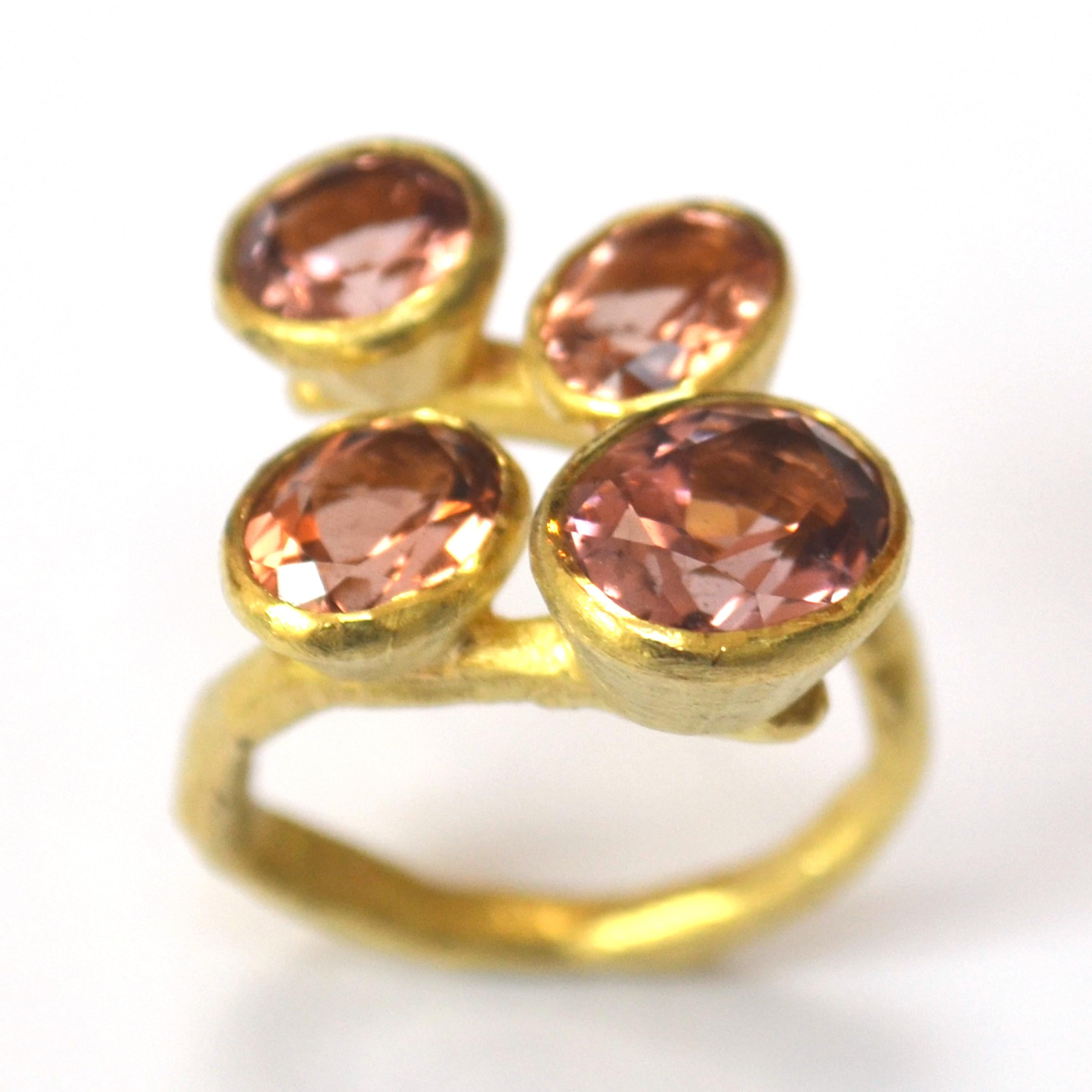 18 Karat Gold Four Pink Tourmaline Handmade Cocktail Ring In New Condition For Sale In London, GB