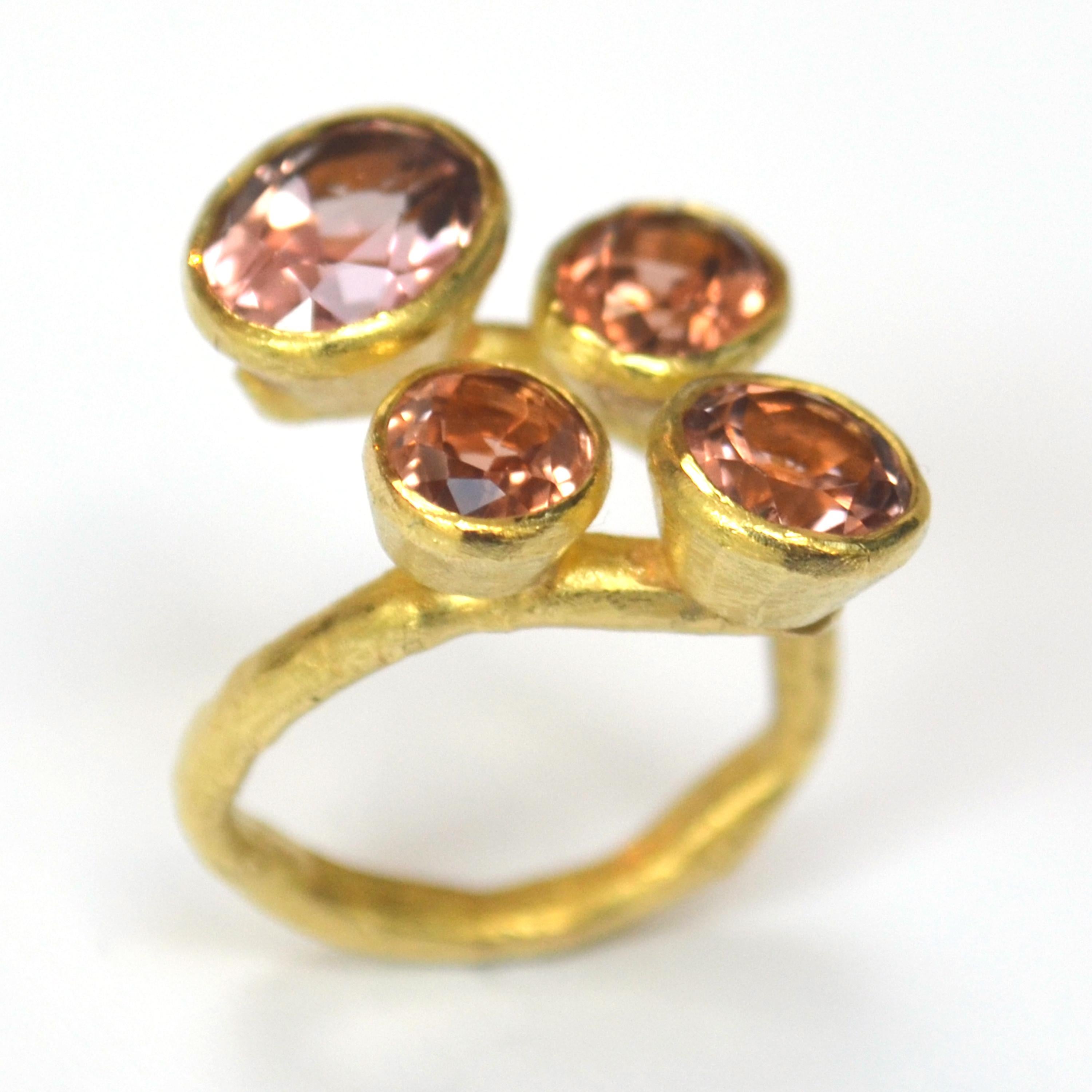 Women's or Men's 18 Karat Gold Four Pink Tourmaline Handmade Cocktail Ring For Sale