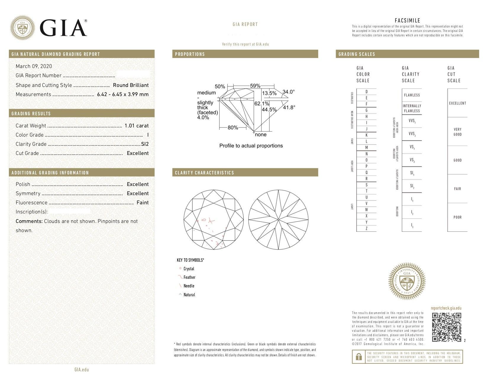 For Sale:  18 Karat Gold Four Prong Solitaire 1 Carat Round Brilliant Diamond I SI2 GIA 5
