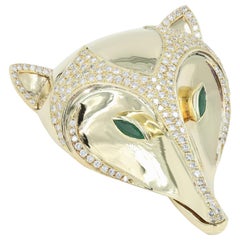 Vintage 18 Karat Gold "Fox Head" Clip with over 3 Carat of Diamonds and 2 Emeralds