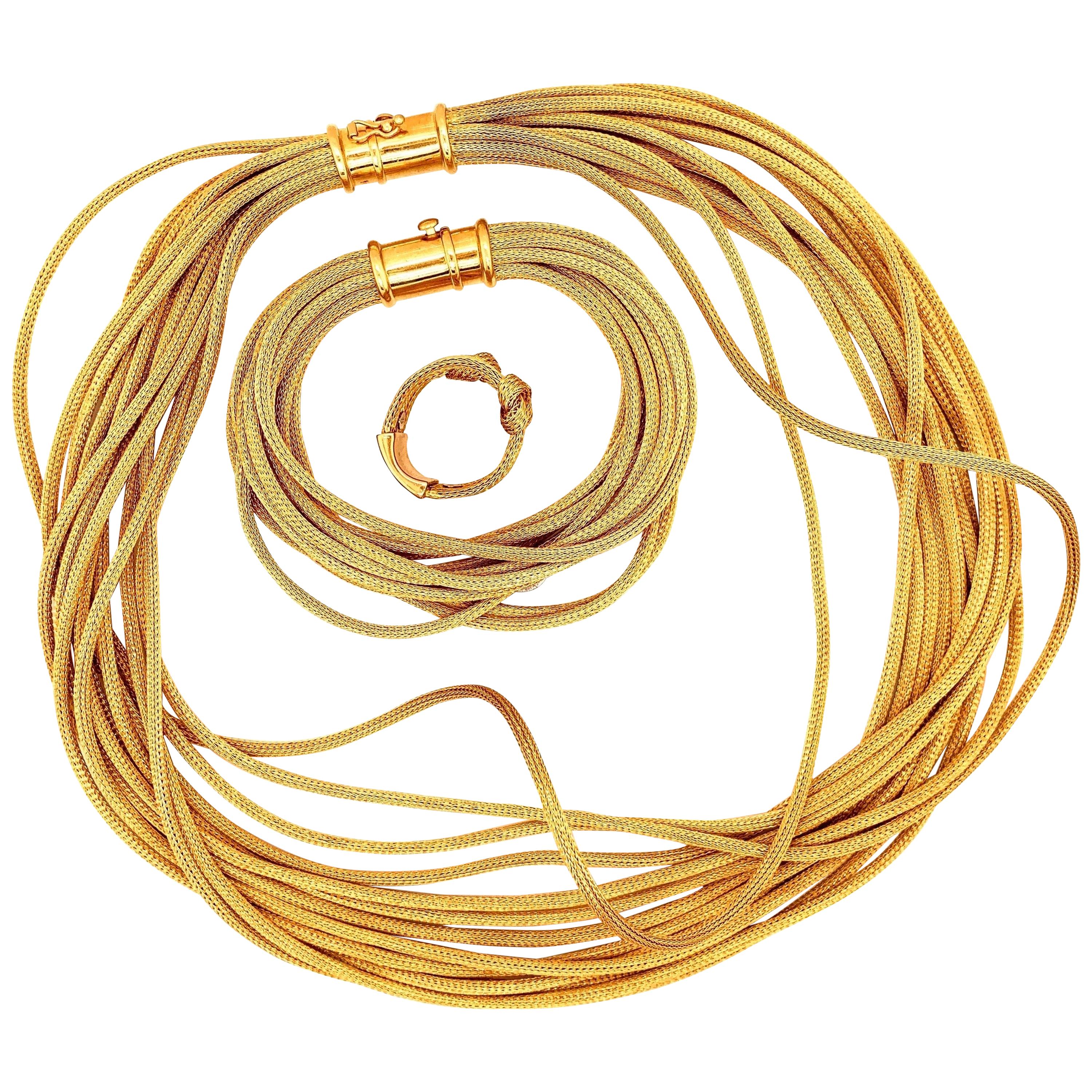 18 Karat Gold Fox Tail Necklace Bracelet Ring Rope Set