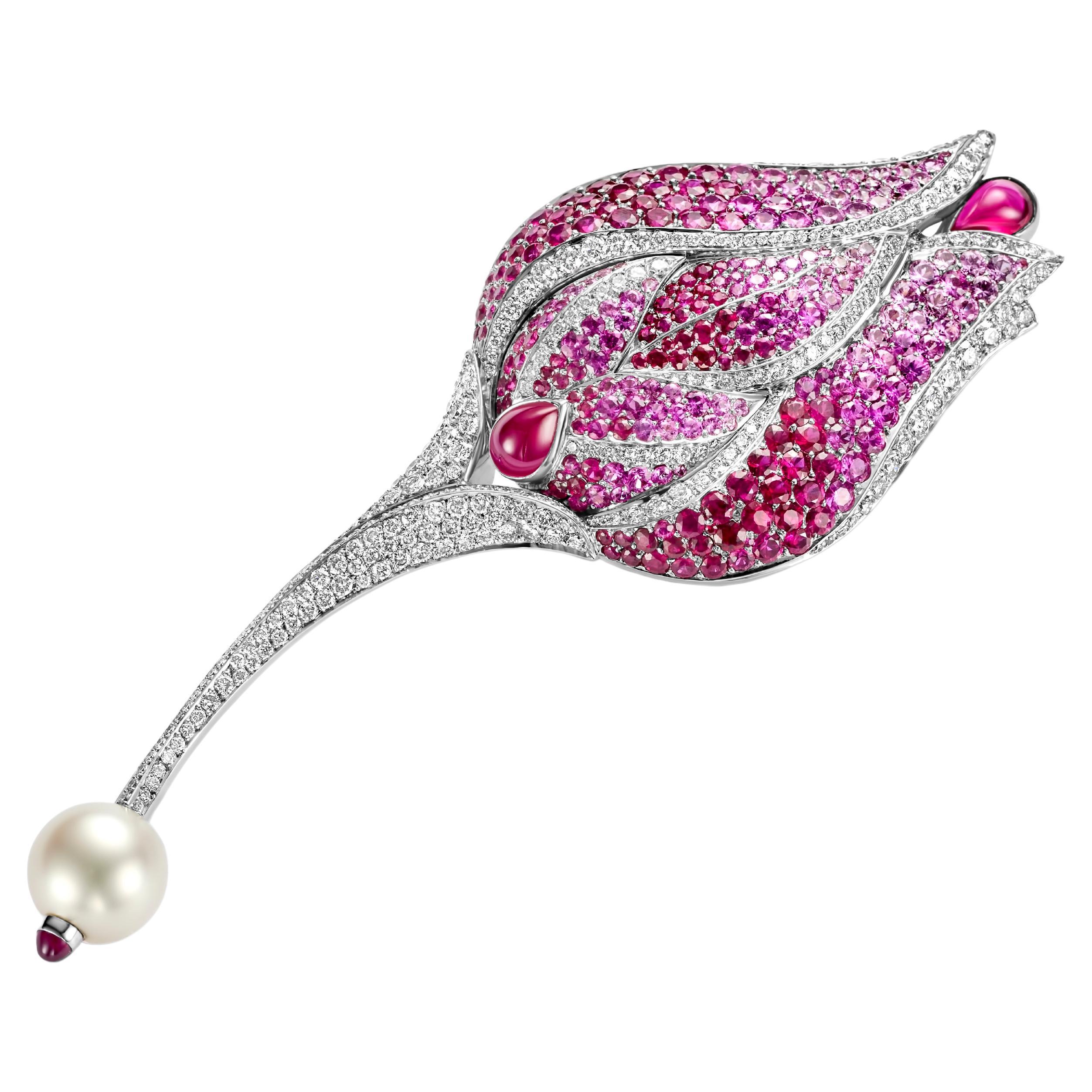18 Karat Gold Fred Paris Tulip/Rose Brooch, Pendant with Diamonds, Ruby & Pearl For Sale