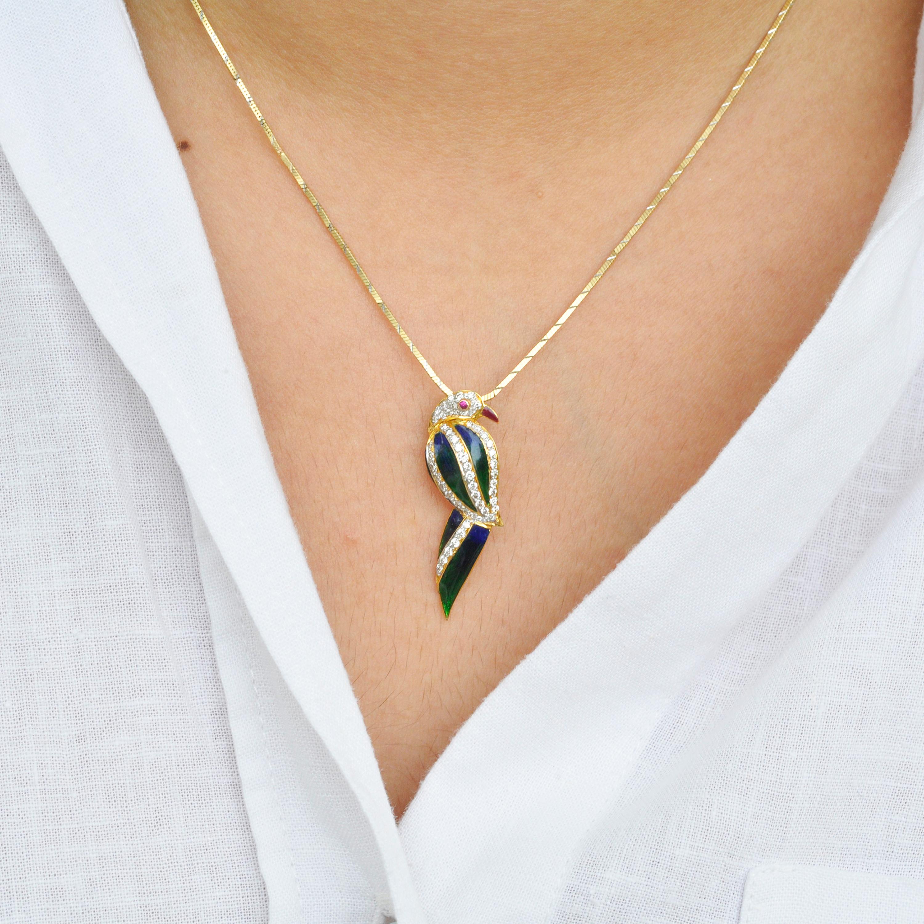 18 Karat Gold French Enamel Diamond Parrot Pendant Necklace For Sale 4