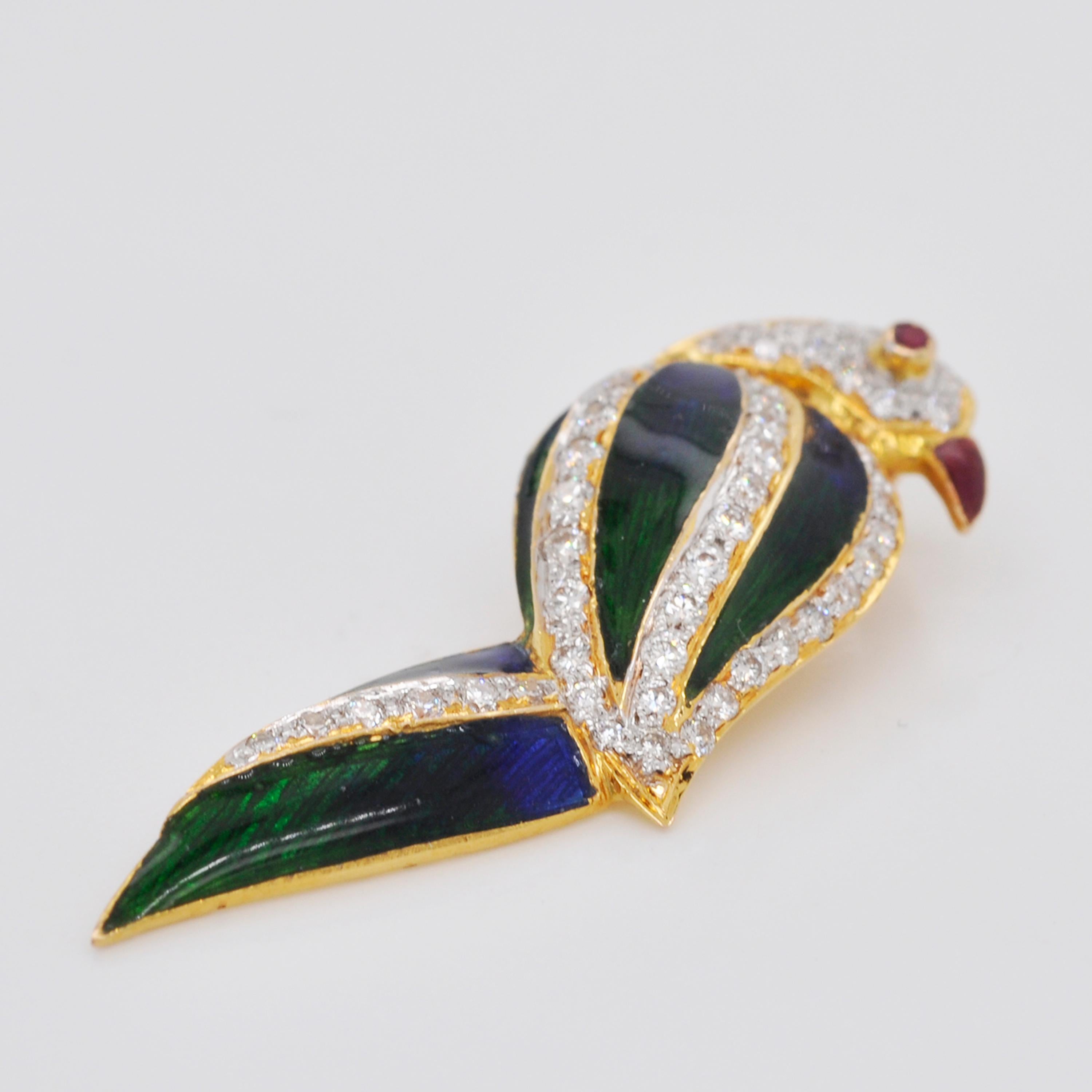 Contemporary 18 Karat Gold French Enamel Diamond Parrot Pendant Necklace For Sale