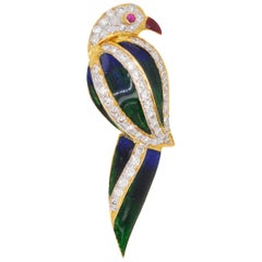 18 Karat Gold French Enamel Diamond Parrot Pendant Necklace