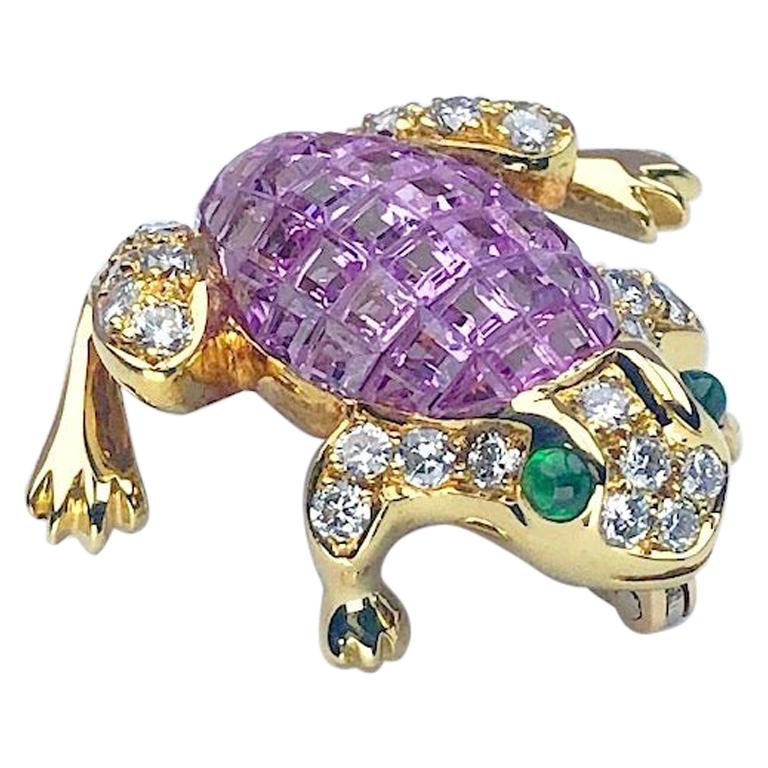18 Karat Gold Frog Brooch, Invisibly Set Pink Sapphires, Diamonds and Emerald For Sale
