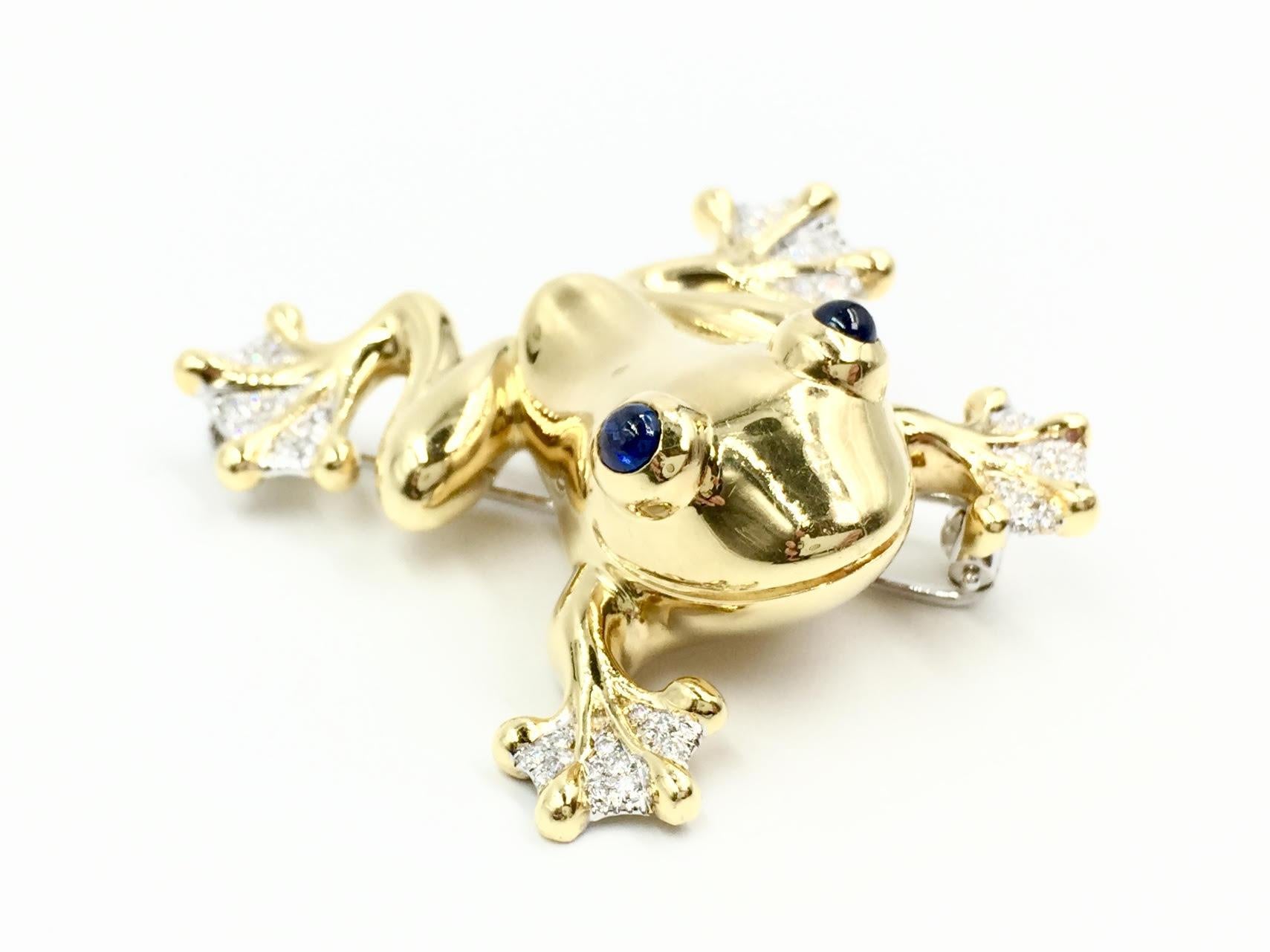 18 Karat Gold Frog Brooch with Diamonds and Blue Sapphires In Good Condition In Pikesville, MD
