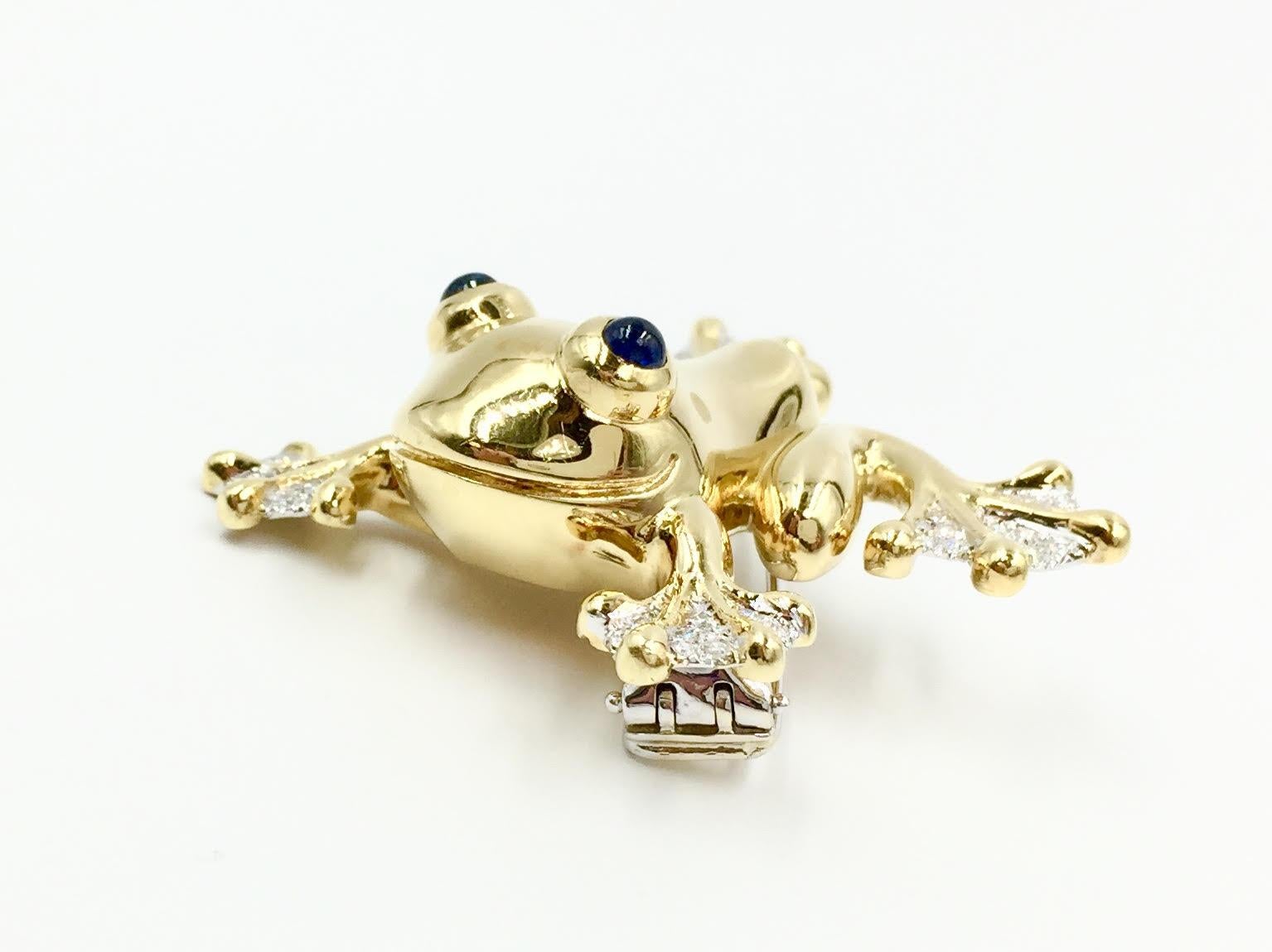 Women's or Men's 18 Karat Gold Frog Brooch with Diamonds and Blue Sapphires