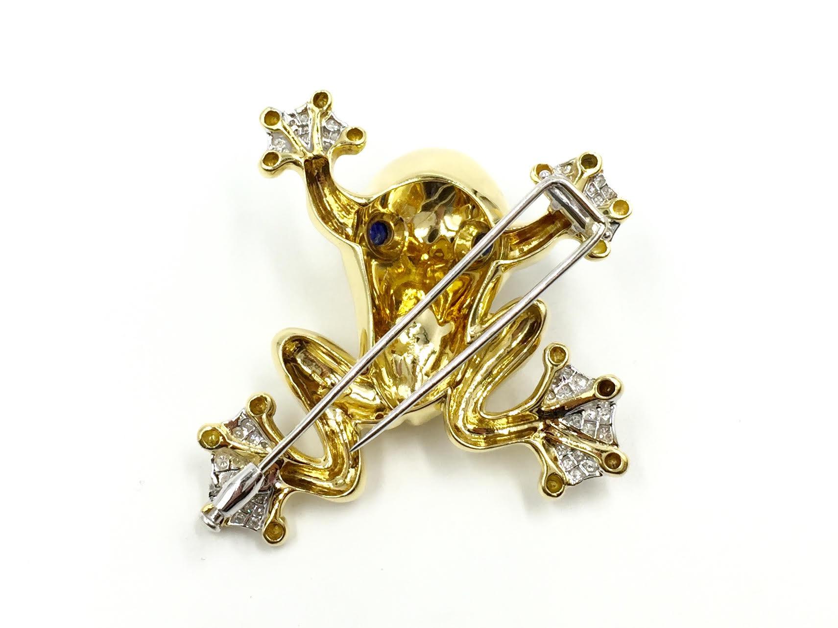 18 Karat Gold Frog Brooch with Diamonds and Blue Sapphires 1