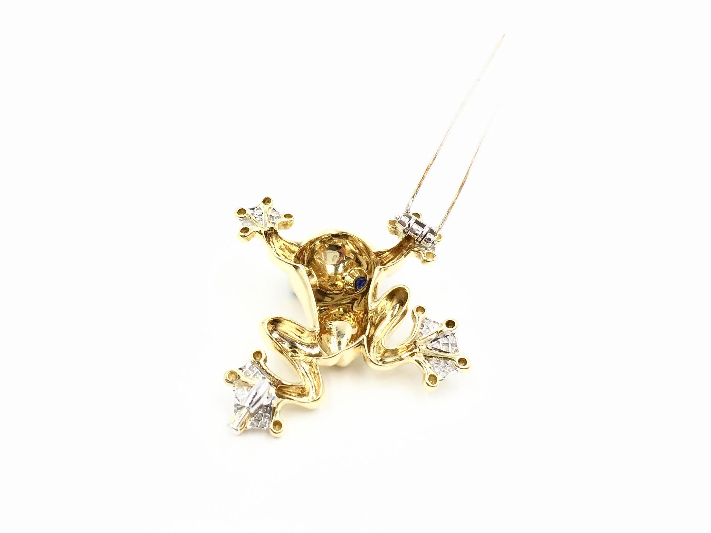 18 Karat Gold Frog Brooch with Diamonds and Blue Sapphires 2
