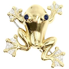 18 Karat Gold Frog Brooch with Diamonds and Blue Sapphires