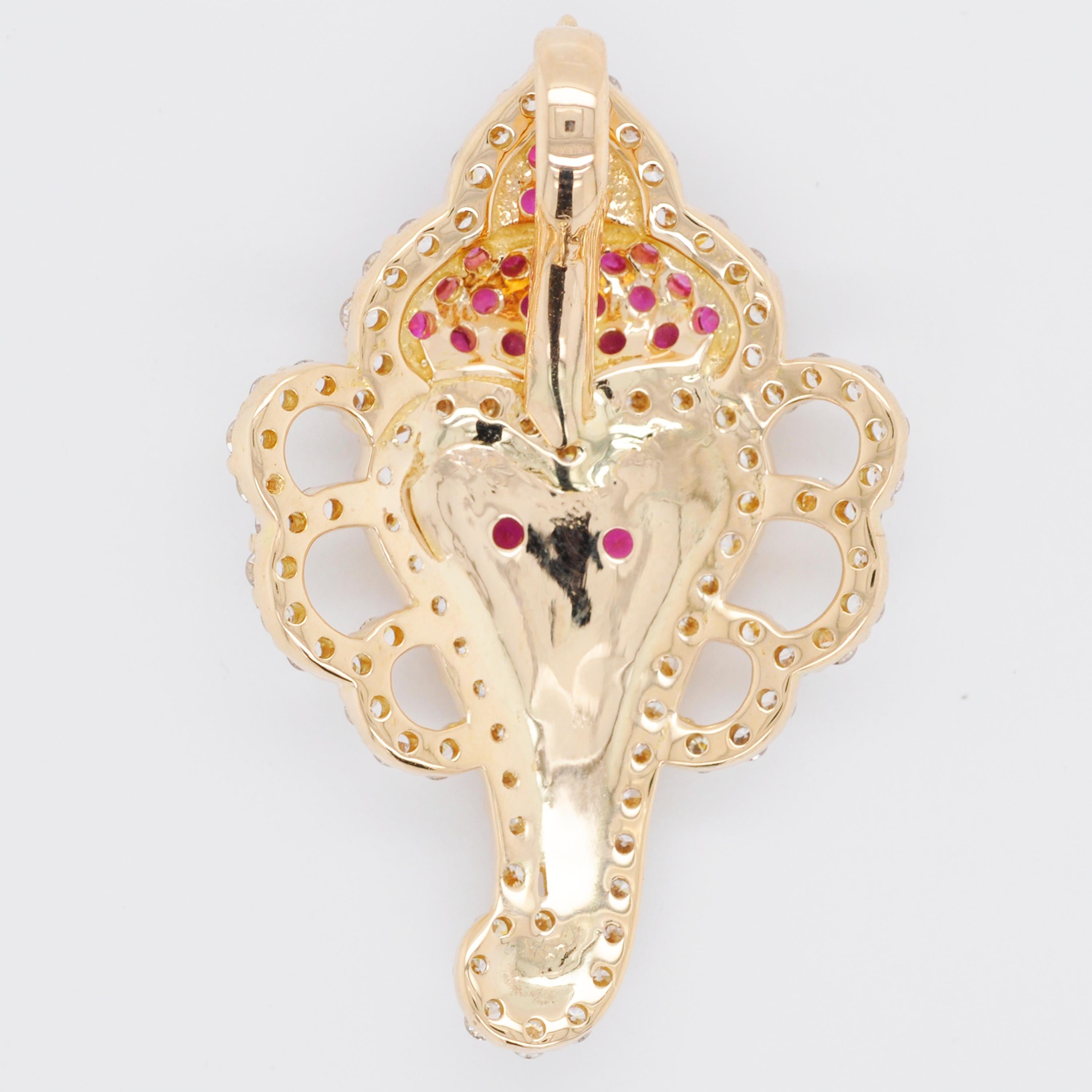 Contemporary 18 Karat Gold Ganesha Round Ruby Diamond Pendant Necklace For Sale