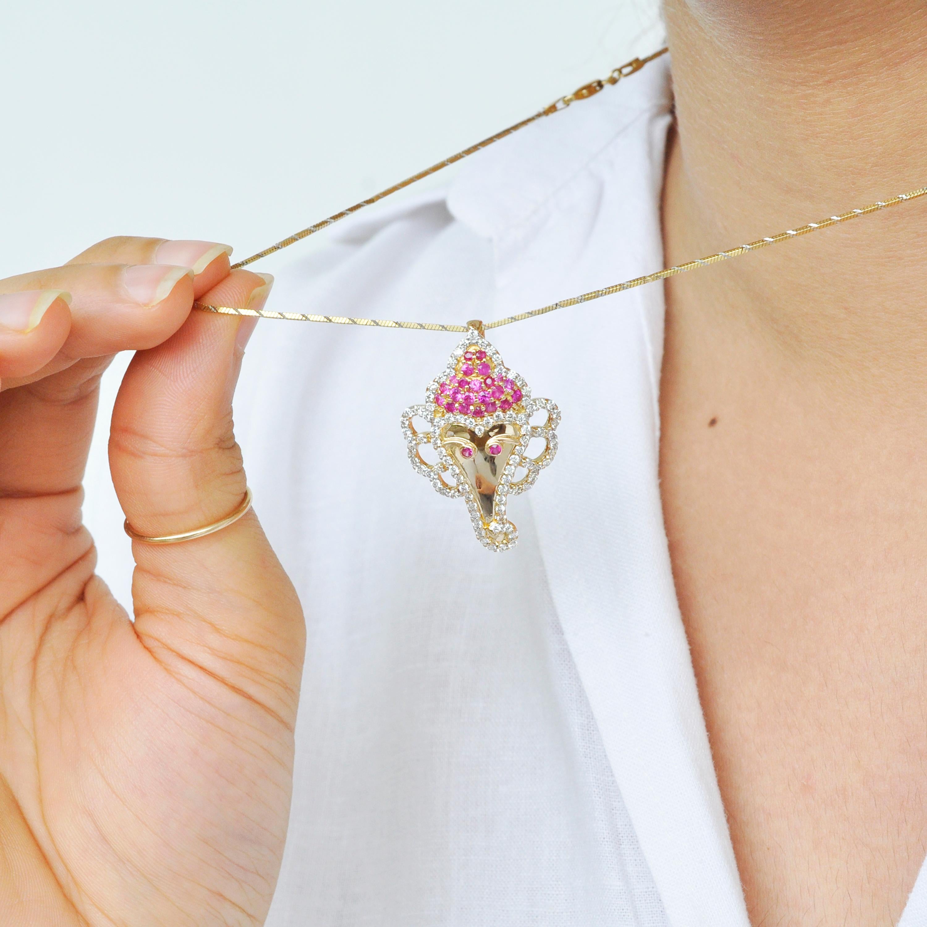 Round Cut 18 Karat Gold Ganesha Round Ruby Diamond Pendant Necklace For Sale