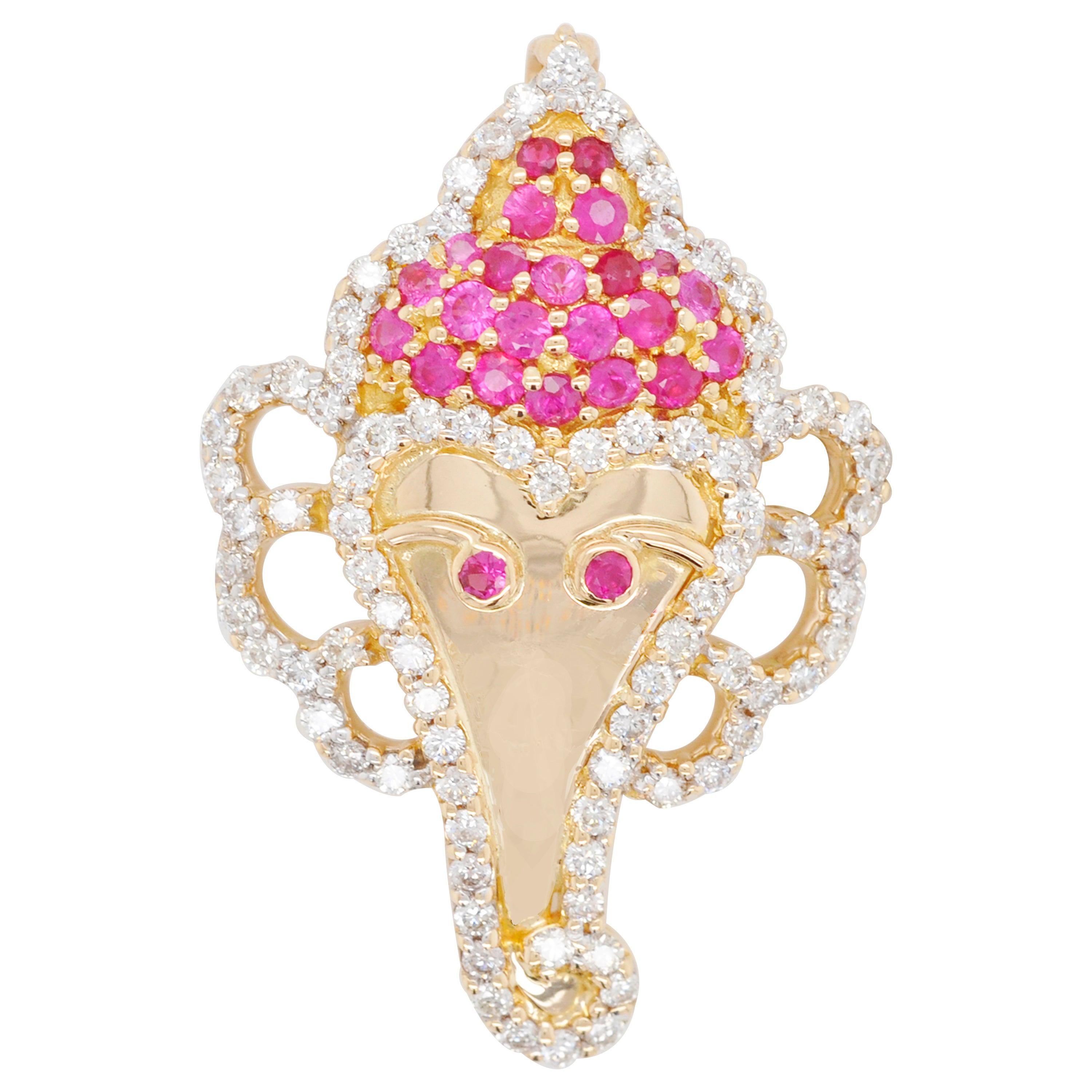 18 Karat Gold Ganesha Round Ruby Diamond Pendant Necklace For Sale
