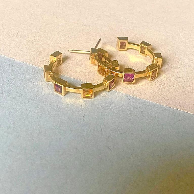 Square Cut 18 Karat Gold Geometric Hoop Earrings with Square Rhodolite and Citrine For Sale