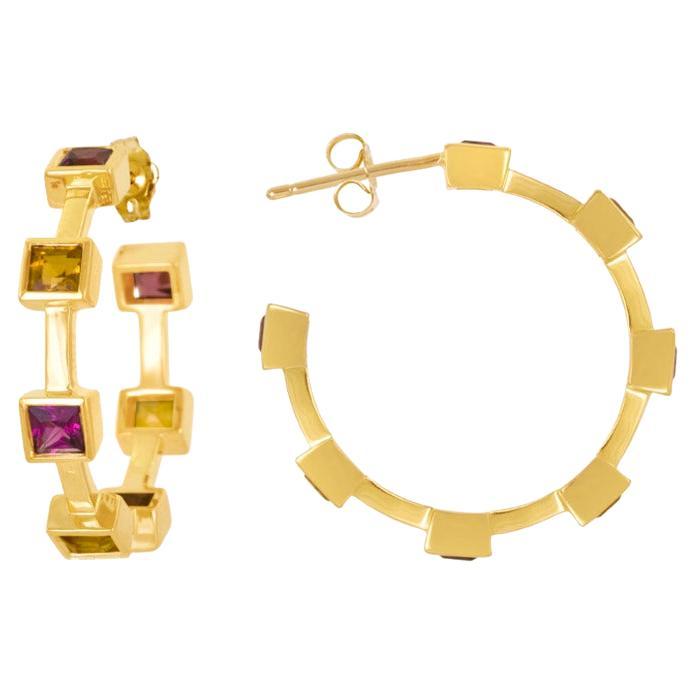 18 Karat Gold Geometric Hoop Earrings with Square Rhodolite and Citrine For Sale
