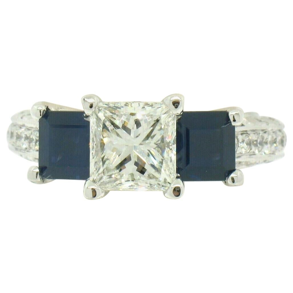 18 Karat Gold GIA 1.51 Carat Princess Cut Diamond Sapphire 3-Stone Ring