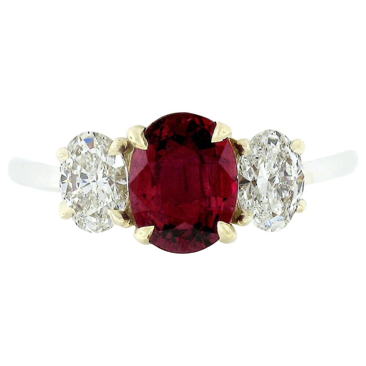 18 Karat Gold GIA Fine Vivid Red Oval Ruby and Diamond Three-Stone Ring For Sale