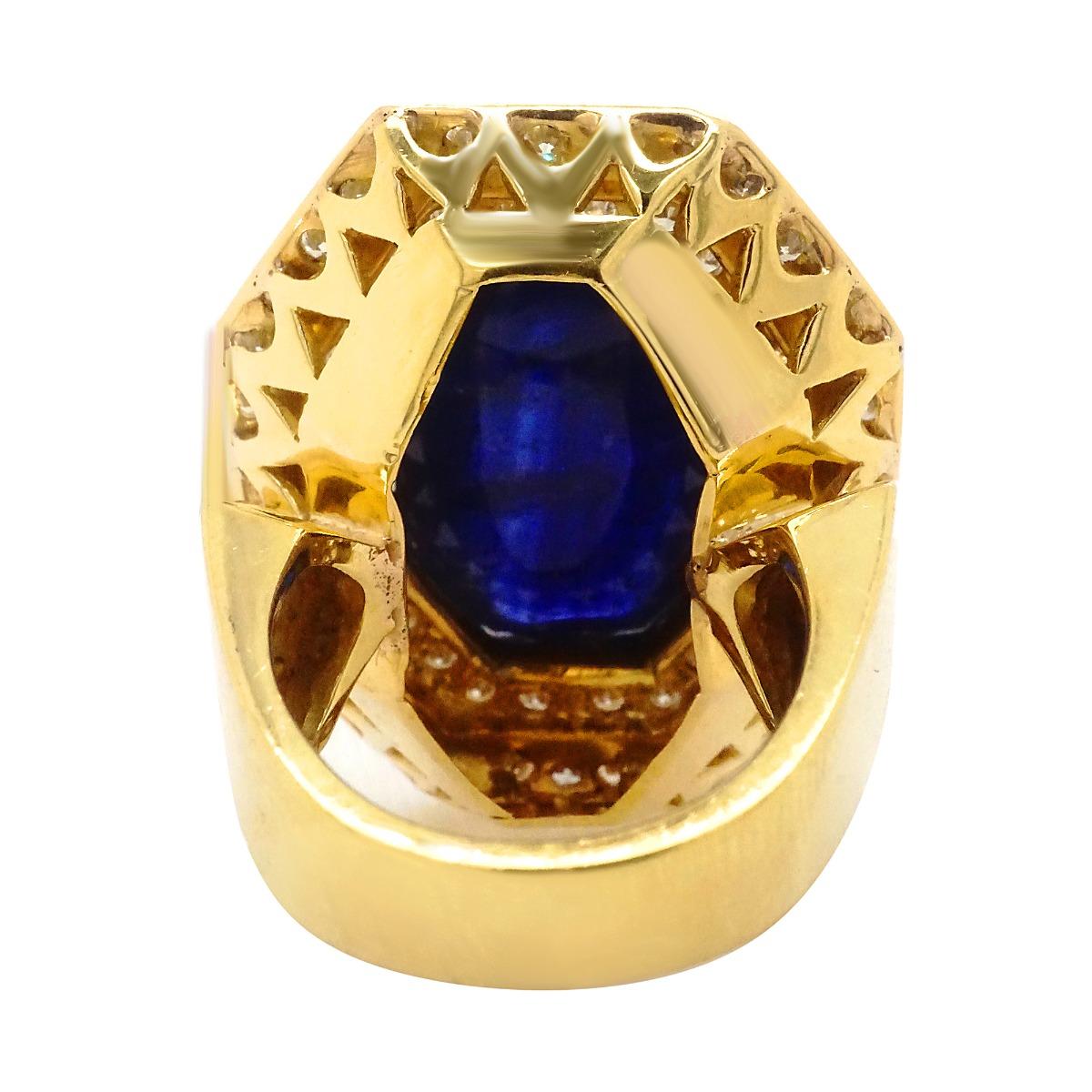 Modern 18 Karat Gold Giant 20 Carat Blue Sapphire Cabochon Octagon Top Diamond Ring For Sale