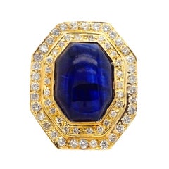 18 Karat Gold Giant 20 Carat Blue Sapphire Cabochon Octagon Top Diamond Ring