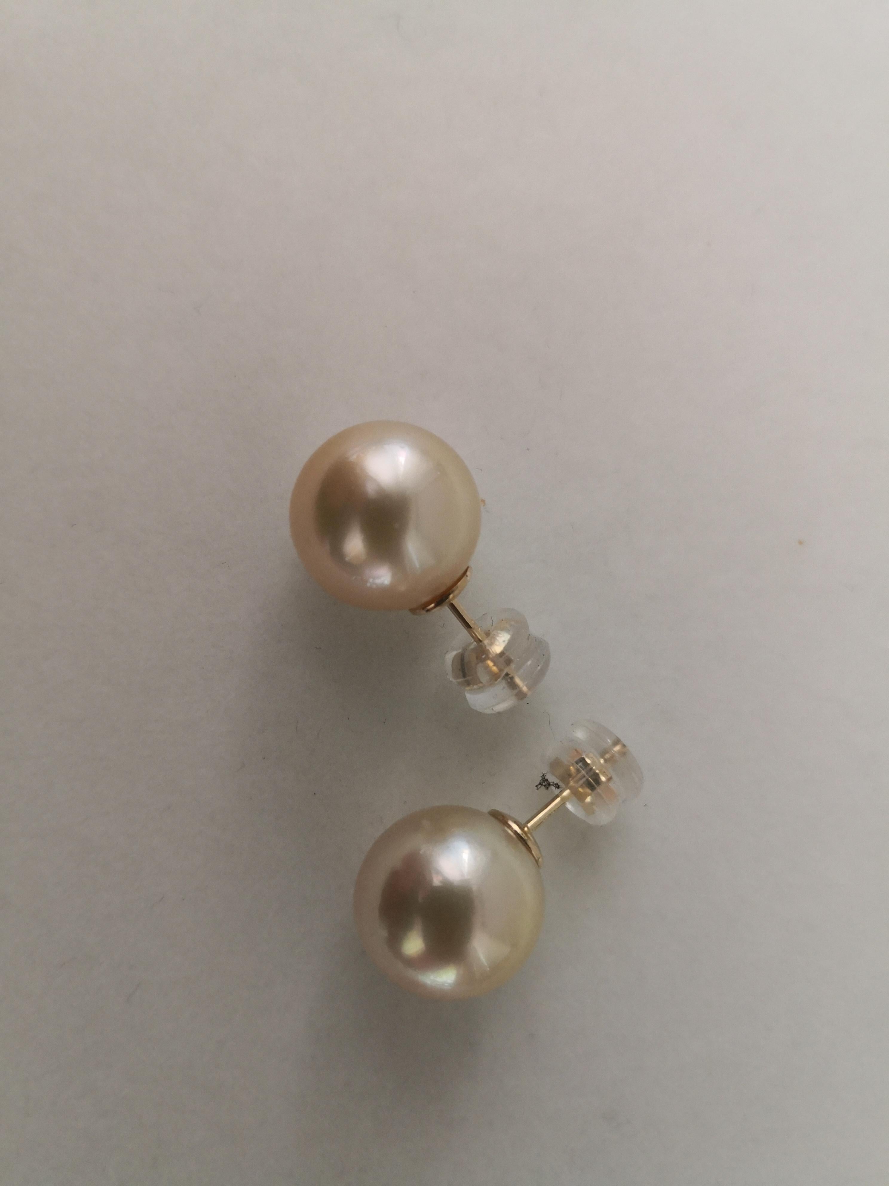 - Natural  Color South Sea Pearls earrings

- Origin: Indonesia ocean waters

- Produced by Pinctada Maxima Oyster

- 18K Yellow Gold mounting

- Size of Pearls 12 mm of diameter

- Pearls of round shape

- High natural luster and orient pearls

-