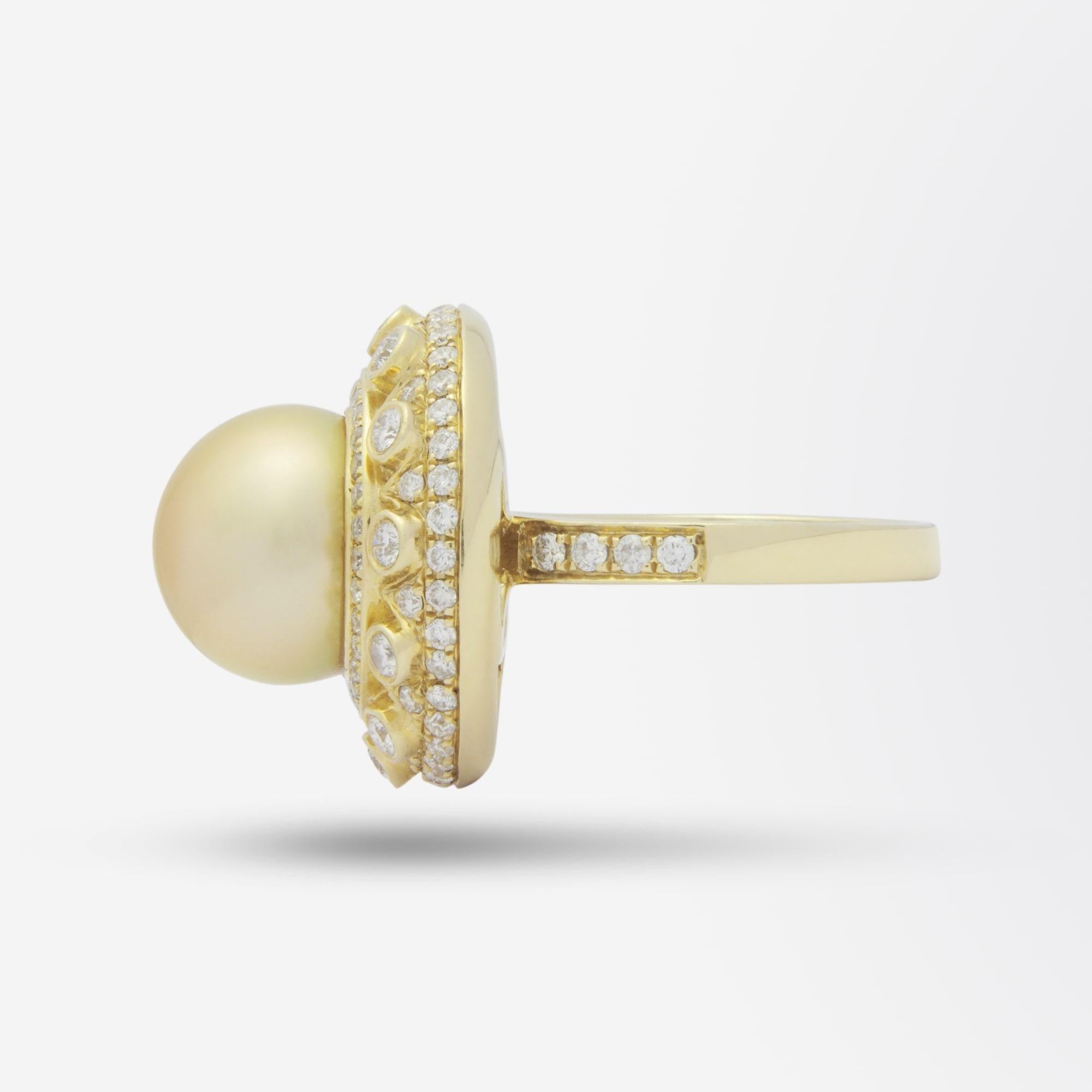 Modern 18 Karat Gold, Golden South Sea Pearl & Diamond Dress Ring
