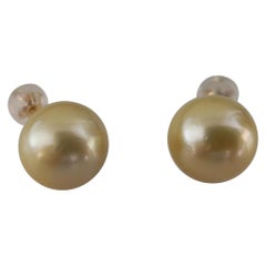 18 Karat Gold Golden South Sea Pearls, Round Natural Color Earrings
