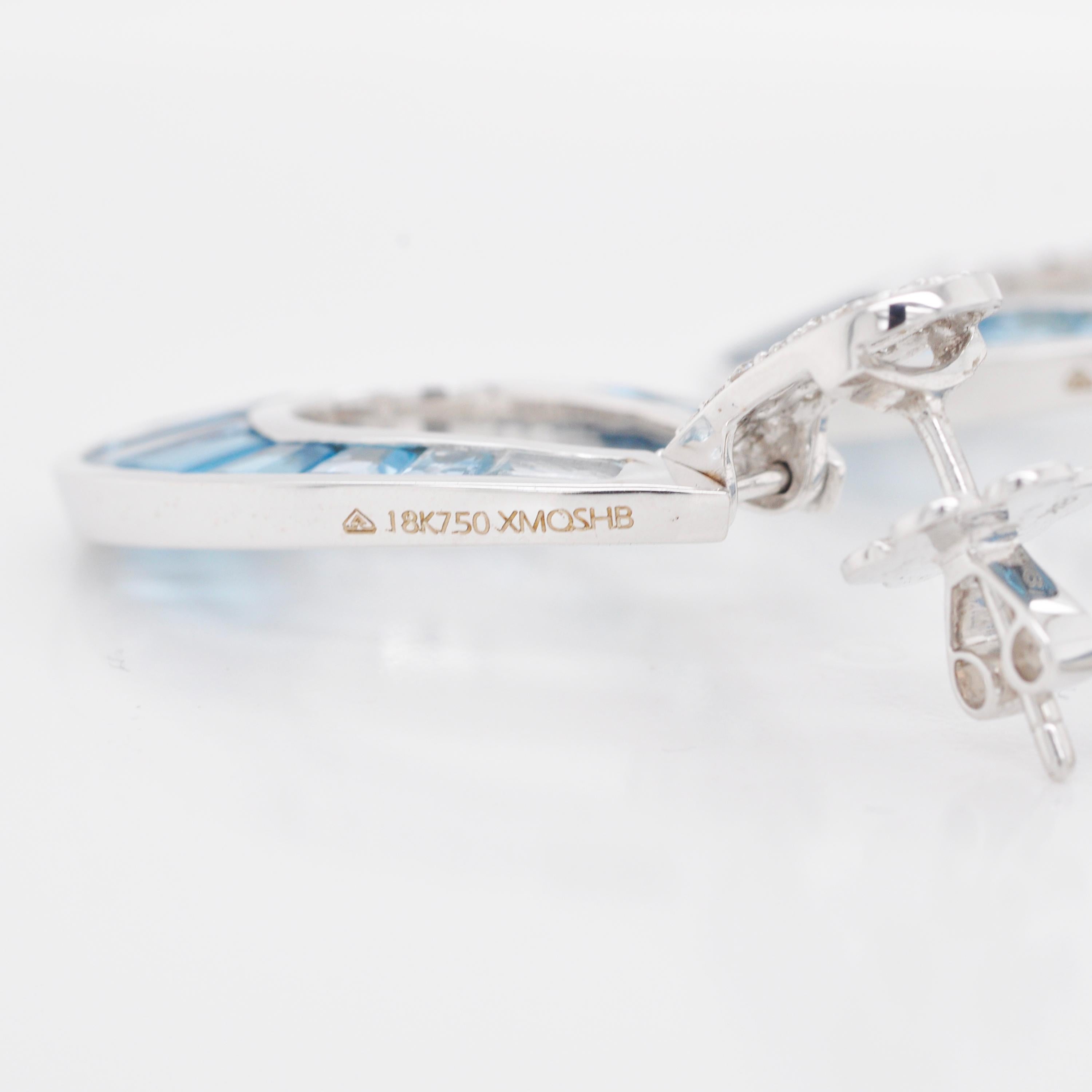 18 Karat Gold Gradient Blue Topaz Baguette Diamond Dangle Drop Earrings For Sale 2
