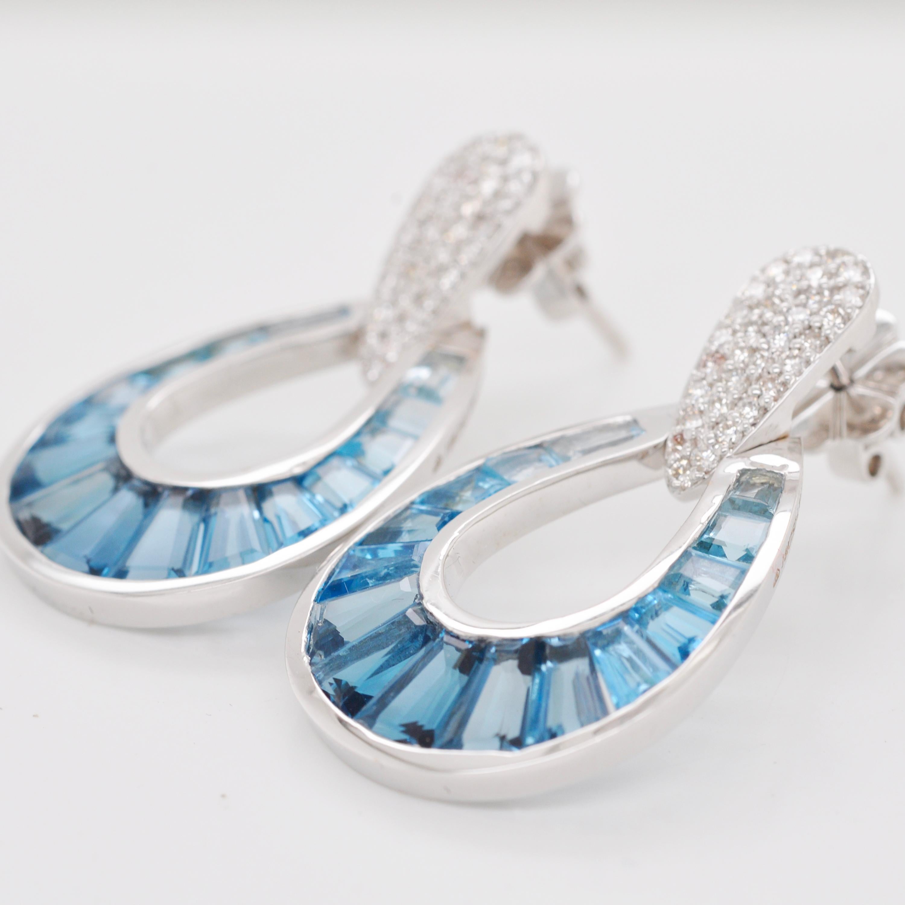 Women's 18 Karat Gold Gradient Blue Topaz Baguette Diamond Dangle Drop Earrings For Sale
