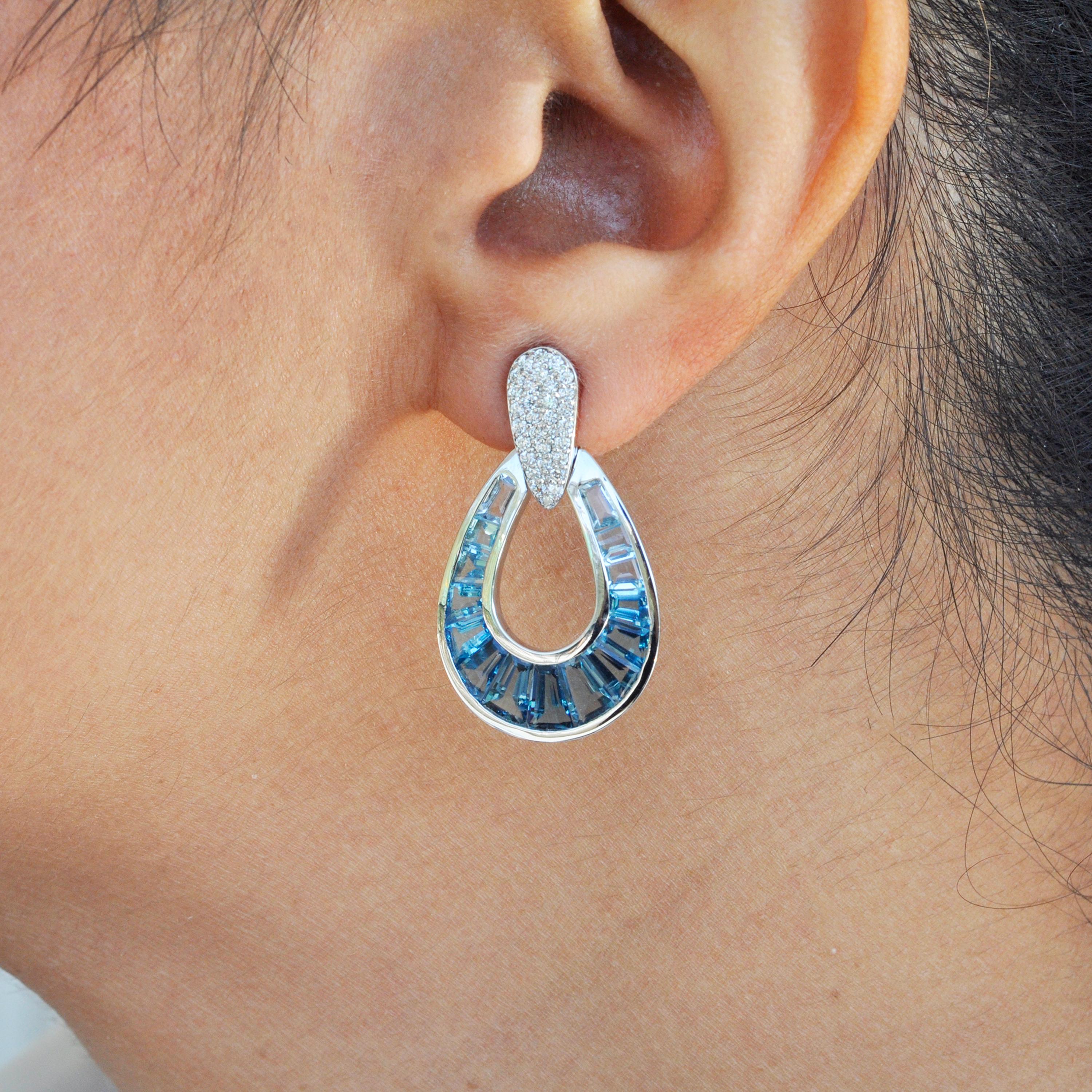 Tapered Baguette 18 Karat Gold Gradient Blue Topaz Baguette Diamond Dangle Drop Earrings For Sale