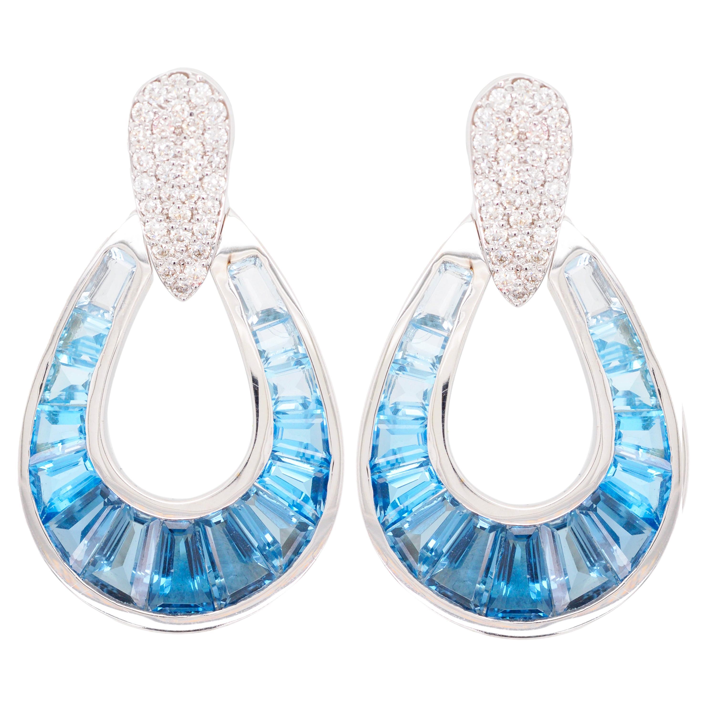 18 Karat Gold Gradient Blue Topaz Baguette Diamond Dangle Drop Earrings