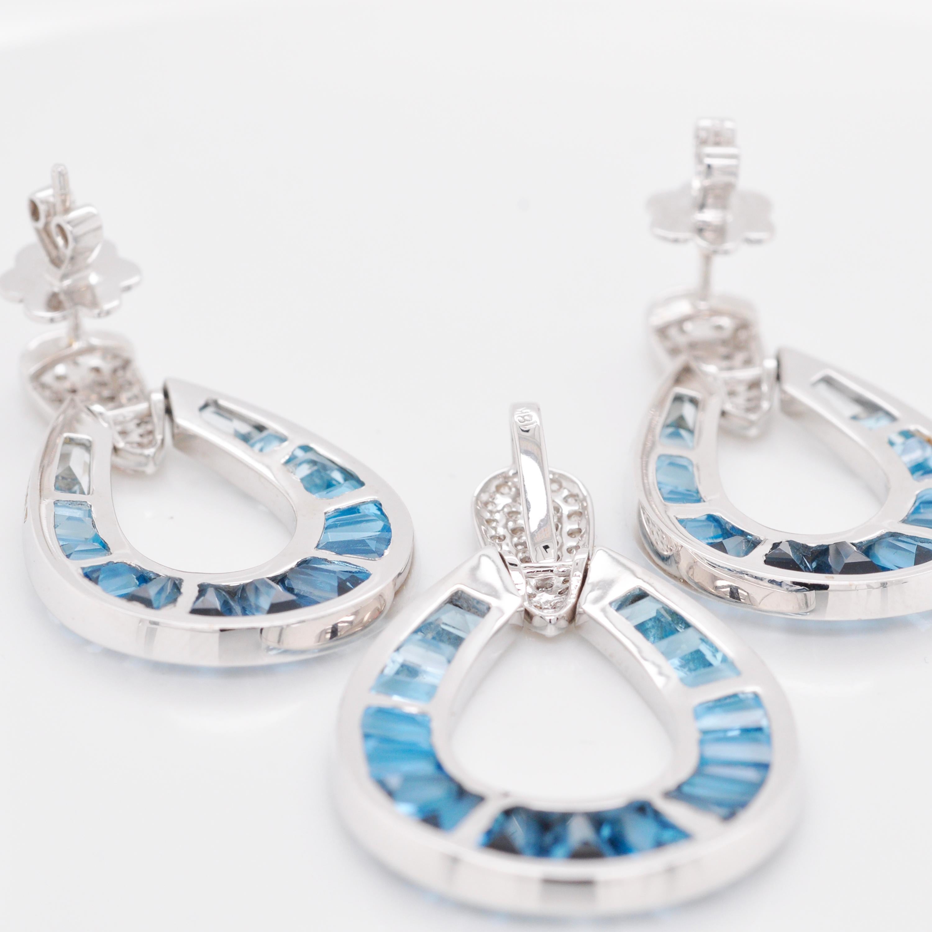 14 Karat Gold Gradient Blue Topaz Baguette Raindrop Diamond Pendant Earrings Set For Sale 2