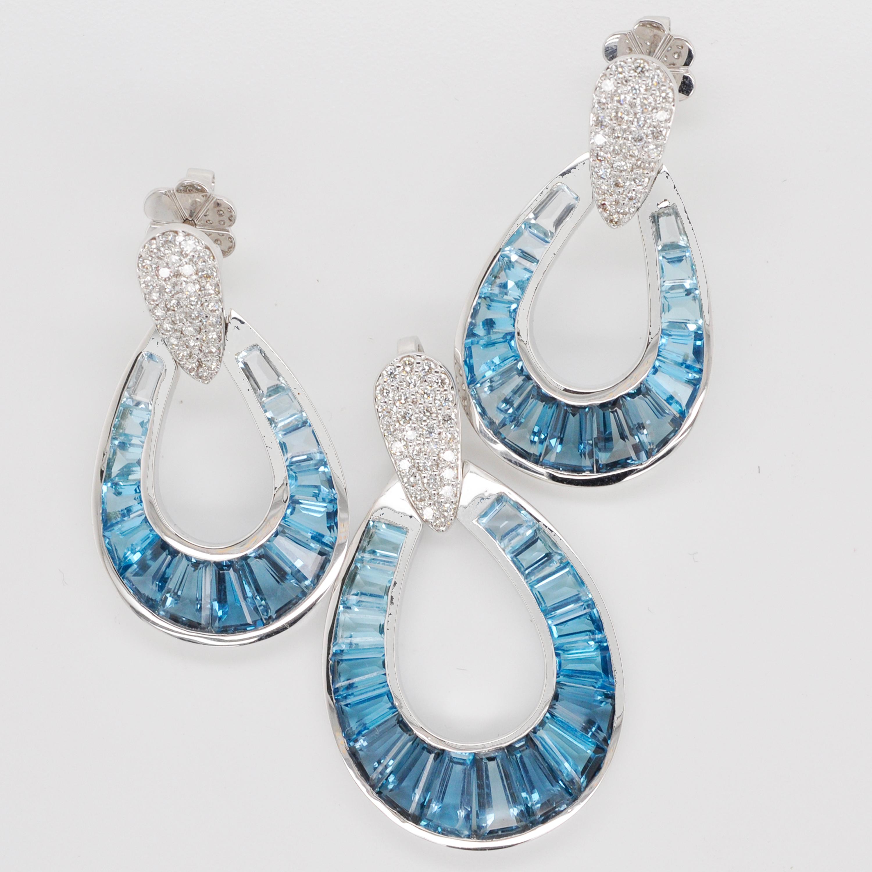 14 Karat Gold Gradient Blue Topaz Baguette Raindrop Diamond Pendant Earrings Set For Sale 1