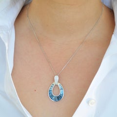 14 Karat Gold Gradient Blue Topaz Taper Baguette Diamond Pendant Necklace