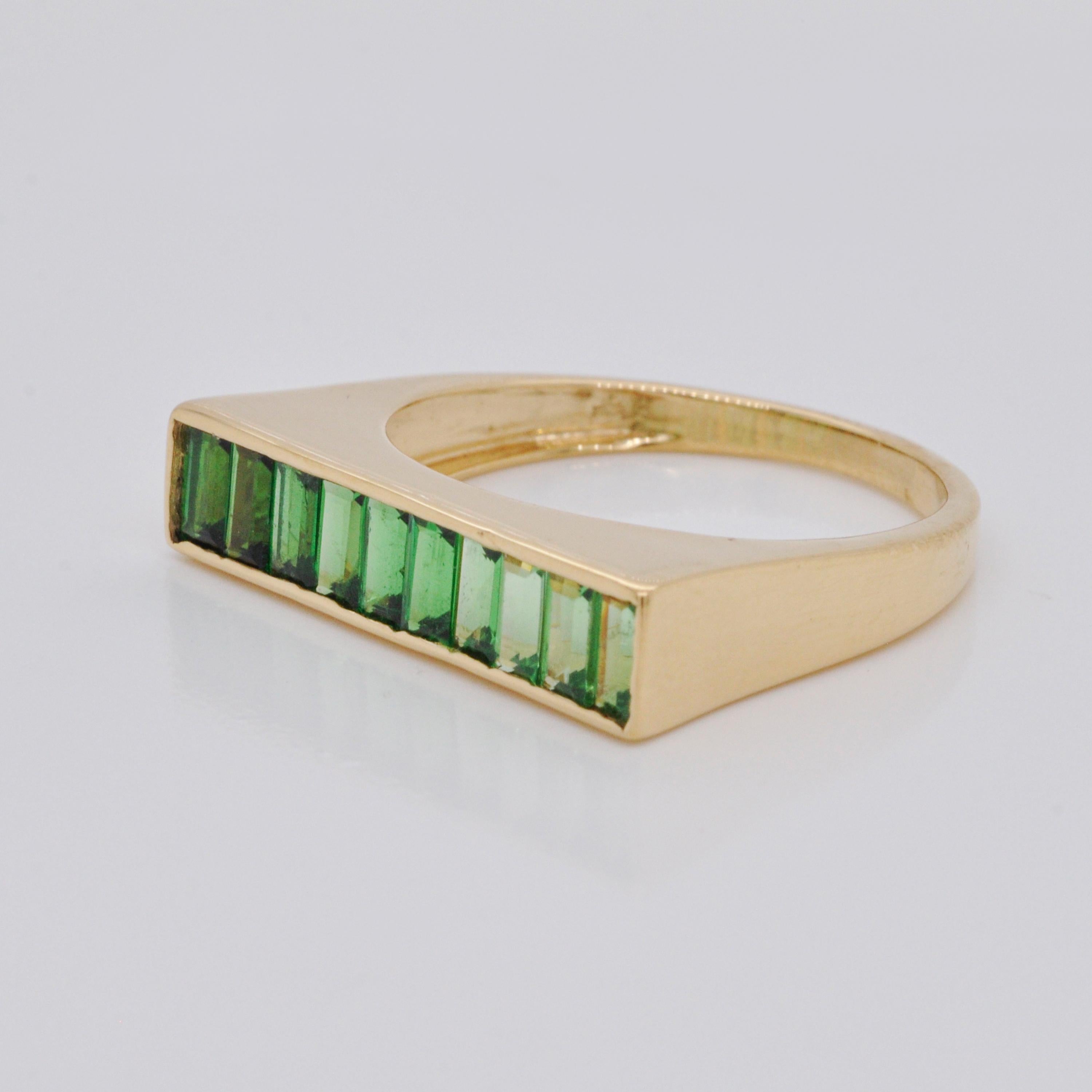 For Sale:  18 Karat Gold Gradient Channel Set Tsavorite Baguette Linear Bar Ring 4