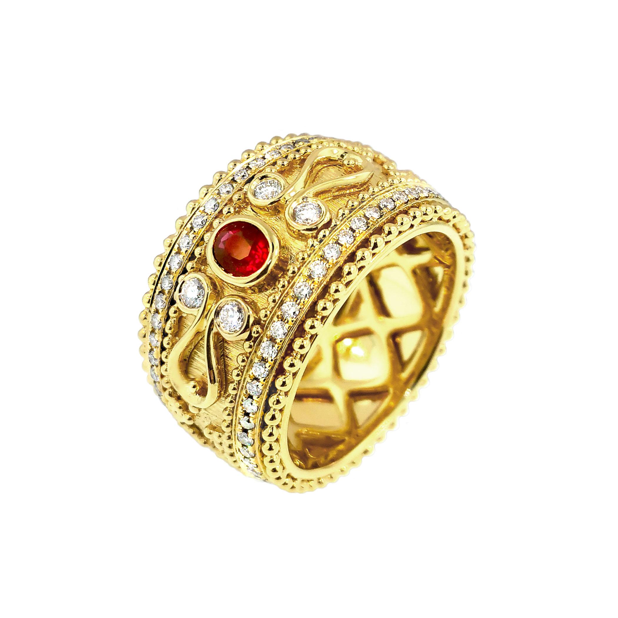 Anillo de oro de 18 quilates estilo granulado con rubí ovalado y diamantes Artesano en venta