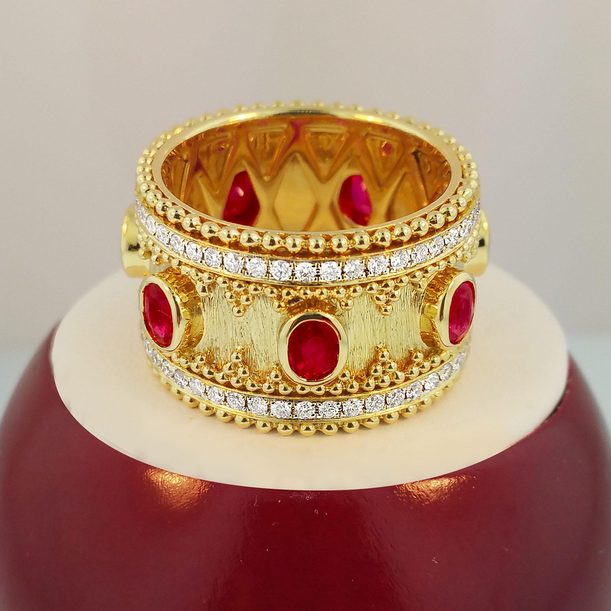 Anillo de oro de 18 quilates estilo granulado con rubí ovalado y diamantes Artesano en venta