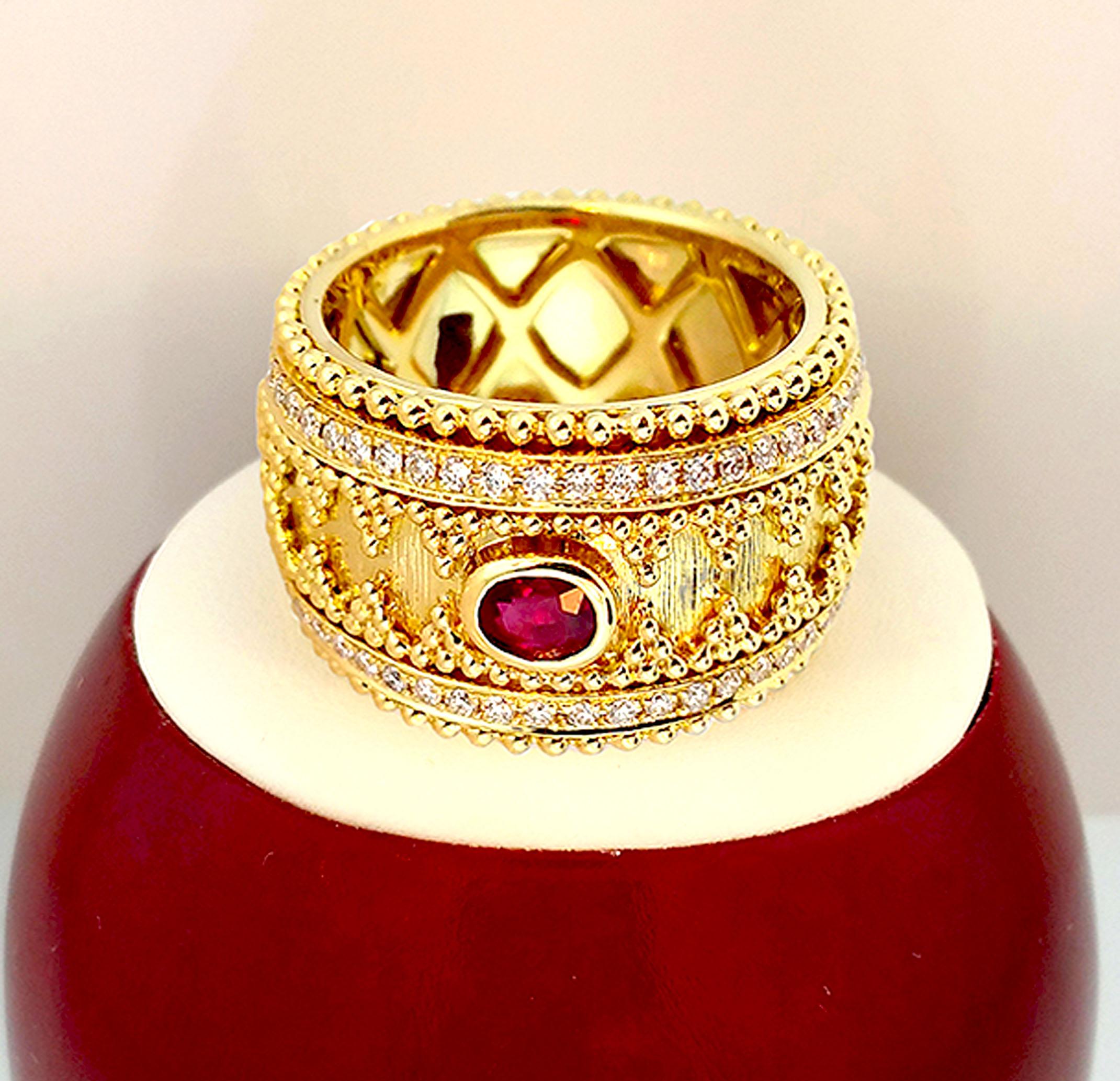Artisan 18 Karat Gold Granulata Style Oval Ruby & Diamond Ring For Sale