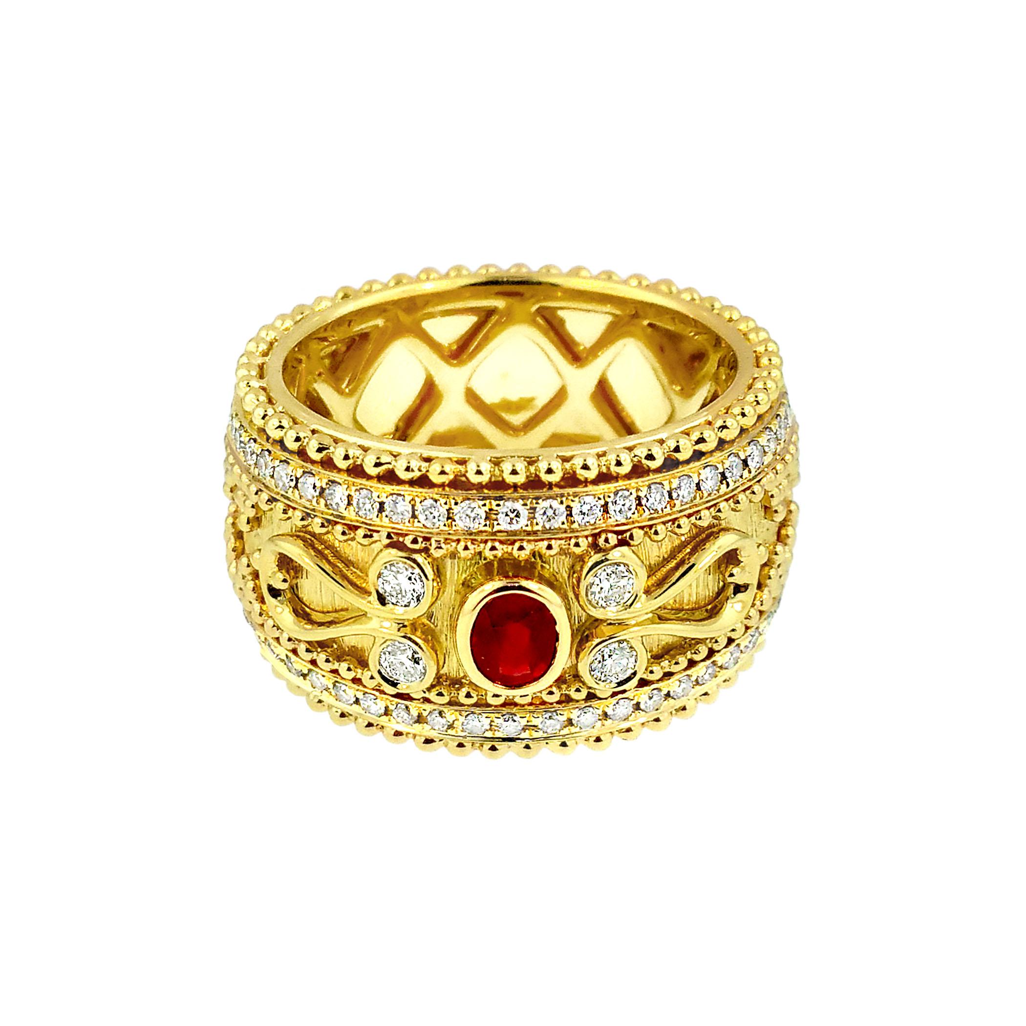 Anillo de oro de 18 quilates estilo granulado con rubí ovalado y diamantes Corte redondo en venta