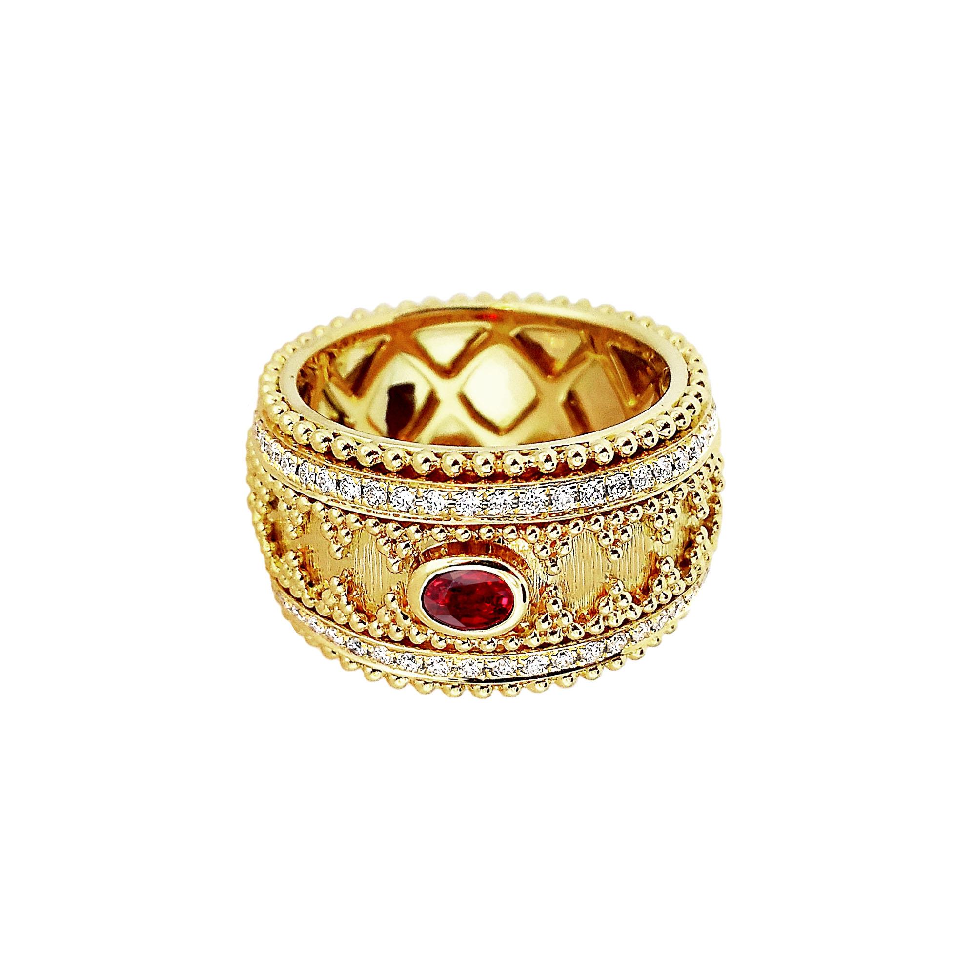 Round Cut 18 Karat Gold Granulata Style Oval Ruby & Diamond Ring For Sale