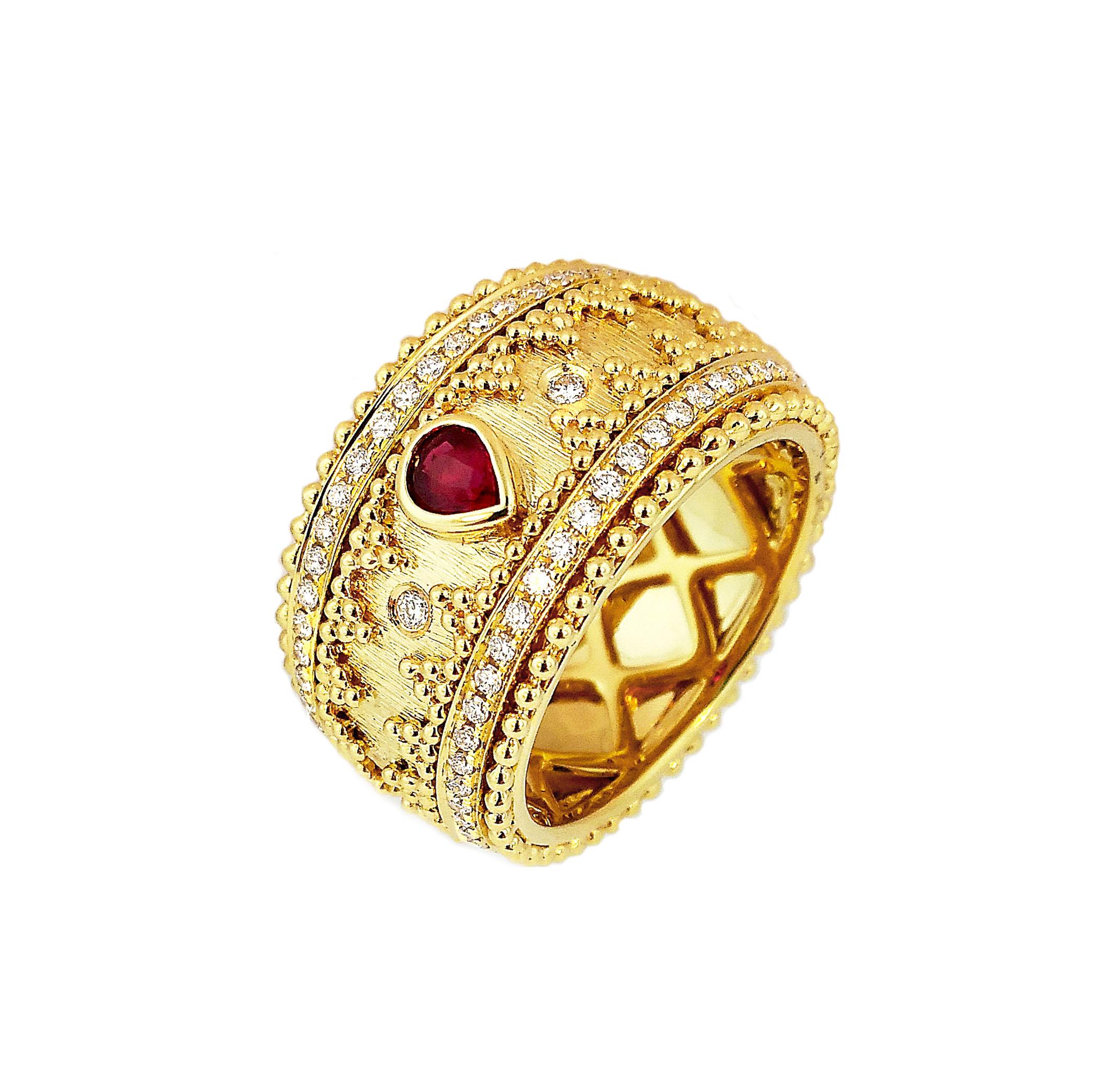 Round Cut 18 Karat Gold Granulata Style Oval Ruby & Diamond Ring For Sale