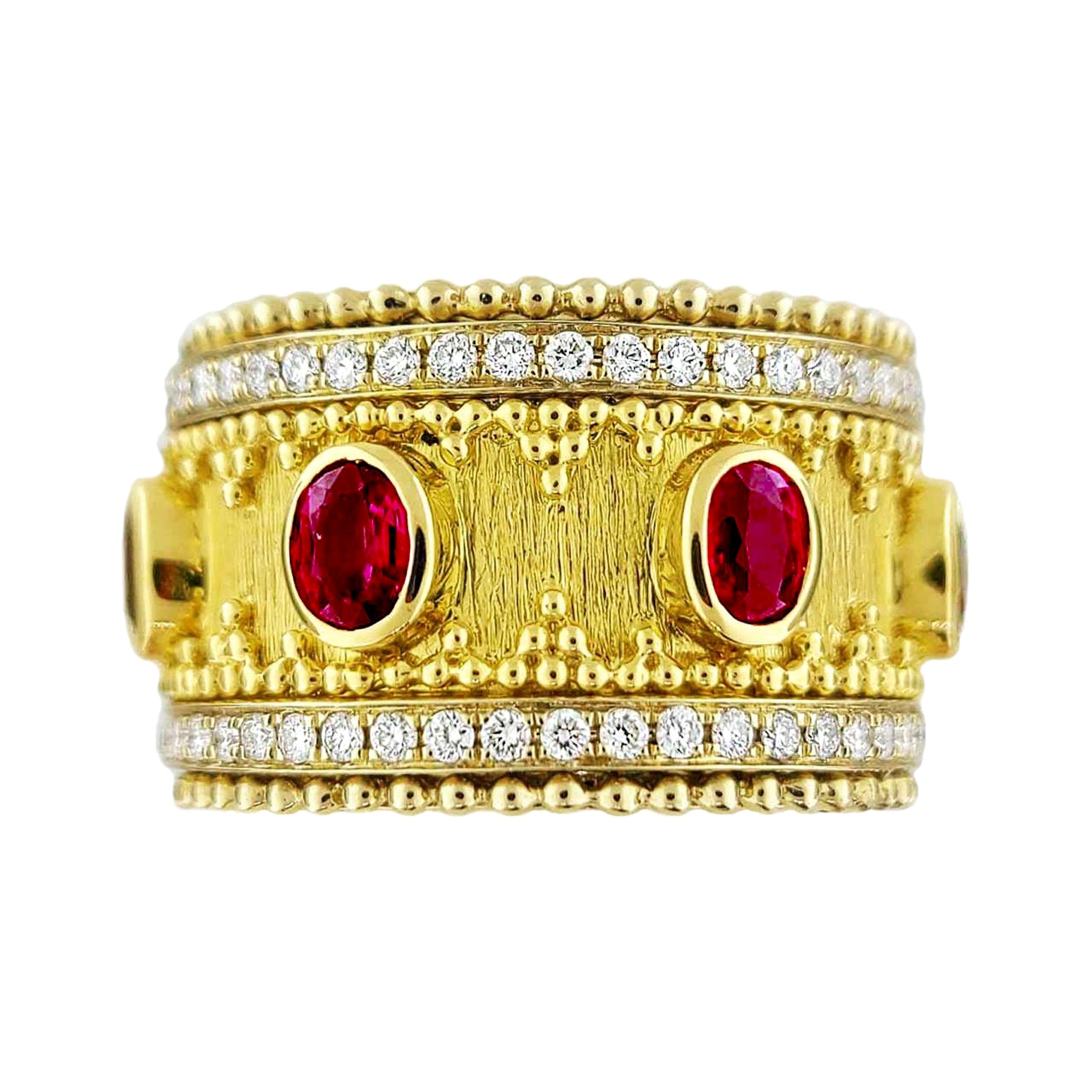 Bague en or 18 carats de style Granulata avec rubis ovale et diamants