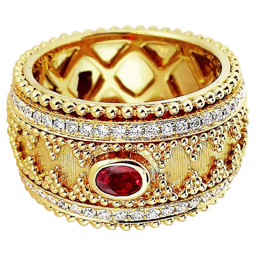 Bague en or 18 carats de style Granulata avec rubis ovale et diamants en vente