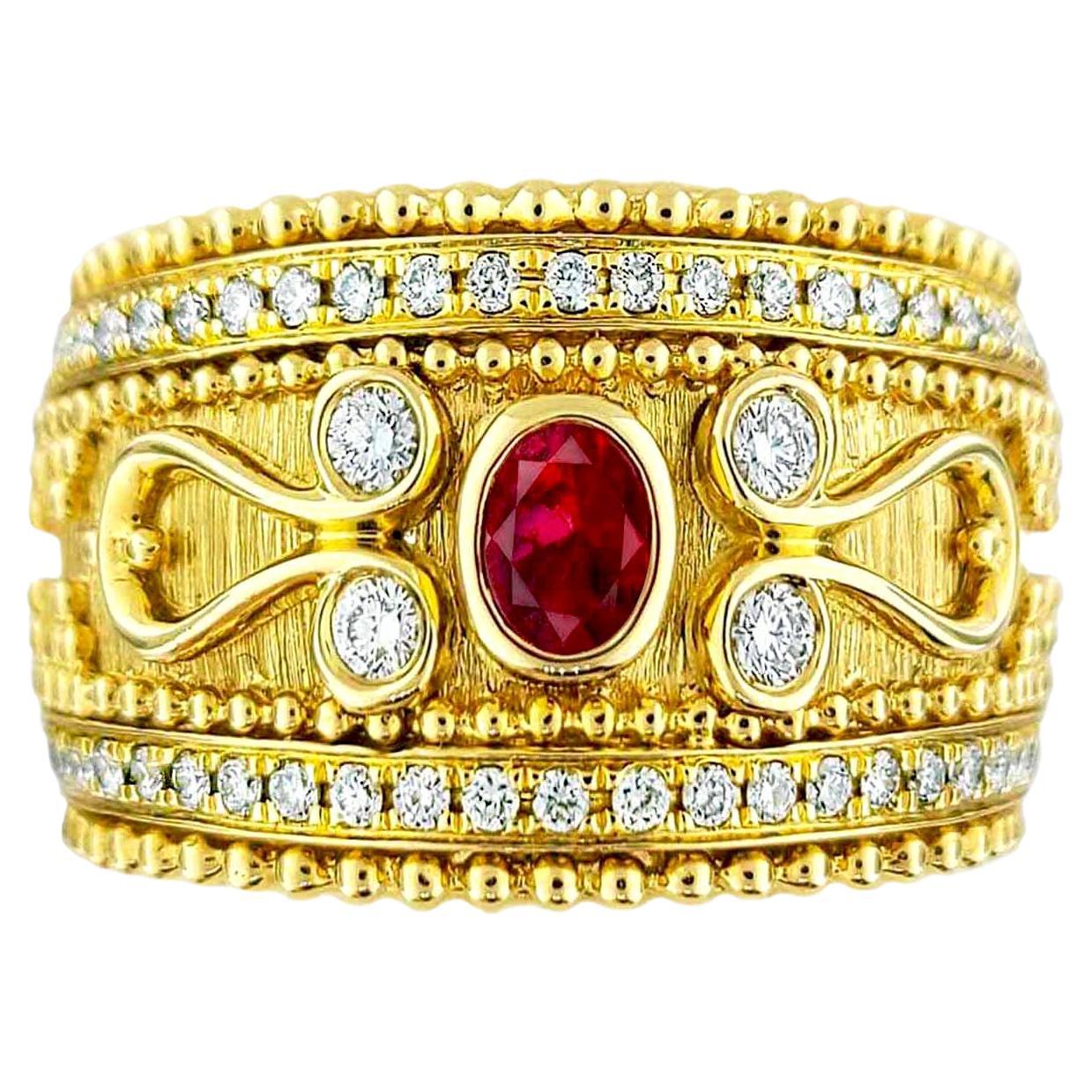 18 Karat Gold Granulata Style Oval Ruby & Diamond Ring