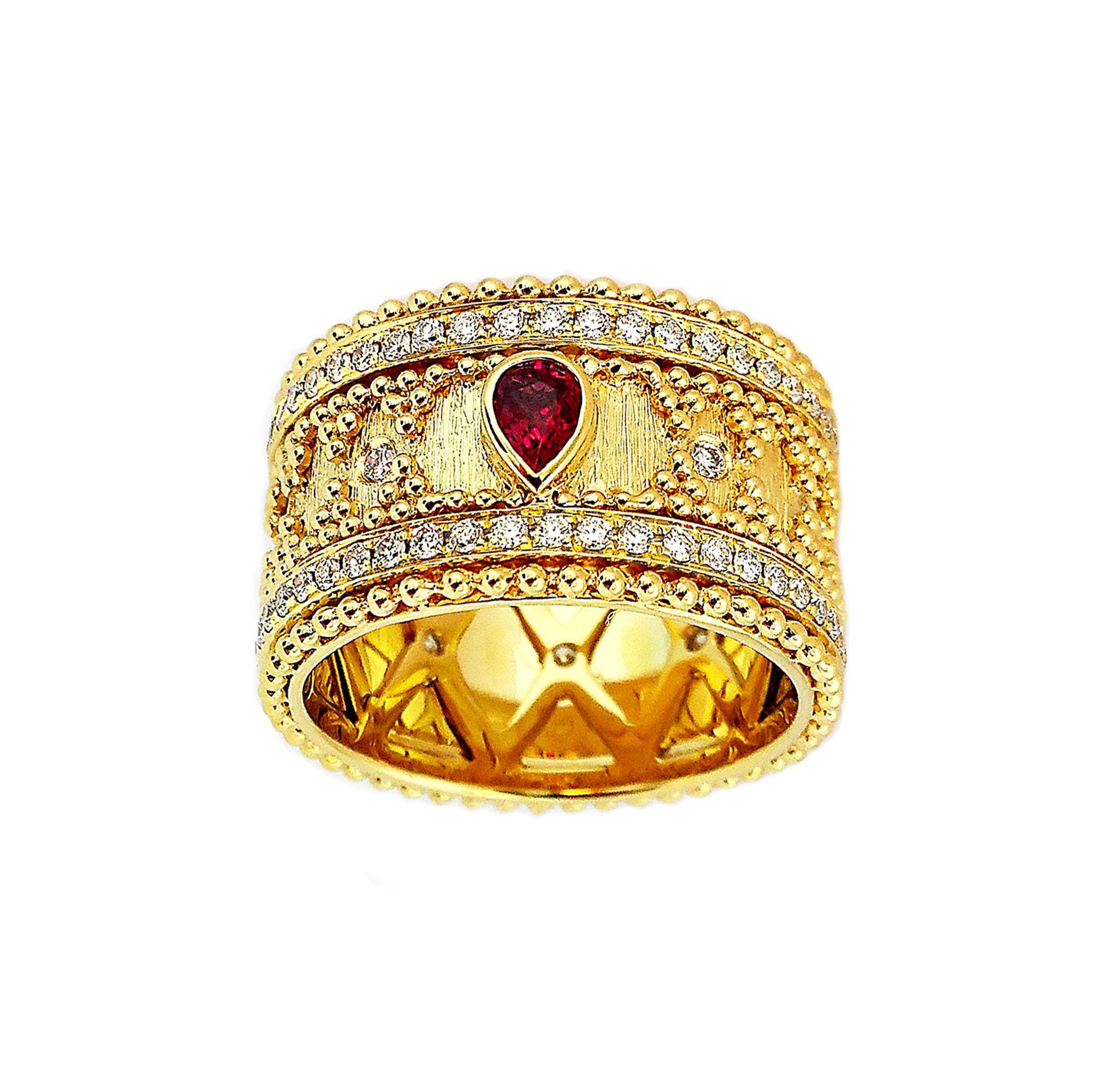 Artisan 18 Karat Gold Granulata Style Ruby & Diamond Ring For Sale